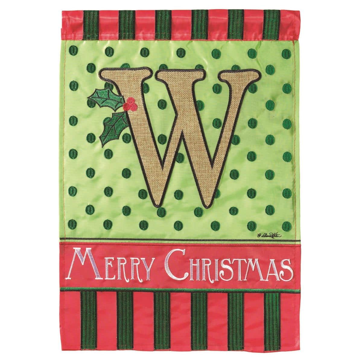 13x18 inch burlap garden flag featuring a layered W monogram in double applique, shown on a standard garden flag pole with farmhouse porch backdrop.
