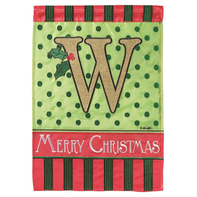 13x18 inch burlap garden flag featuring a layered W monogram in double applique, shown on a standard garden flag pole with farmhouse porch backdrop.