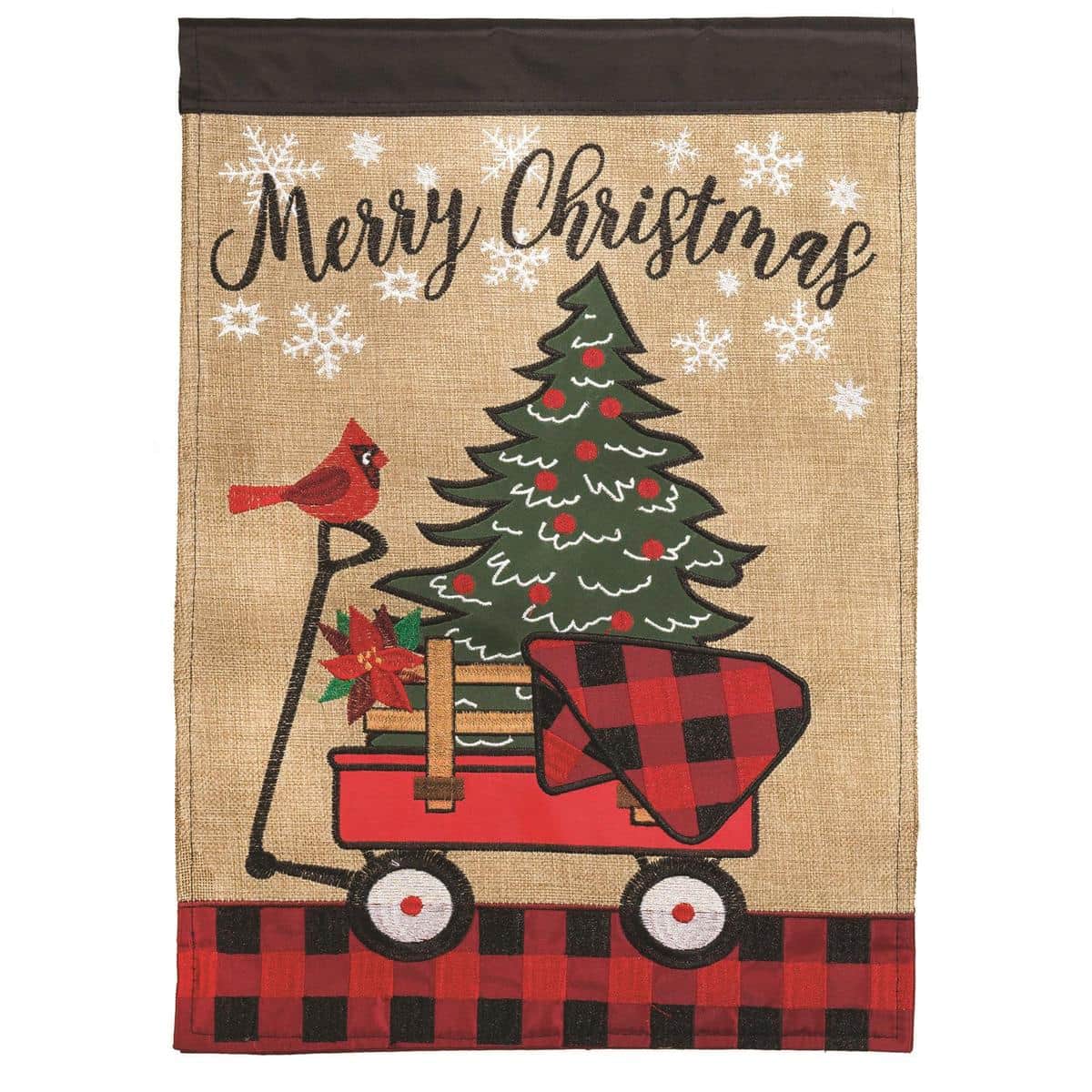 13x18 image of a Christmas garden flag showing a red vintage wagon carrying a decorated Christmas tree with ornaments and a ribbon on a snowy porch scene
