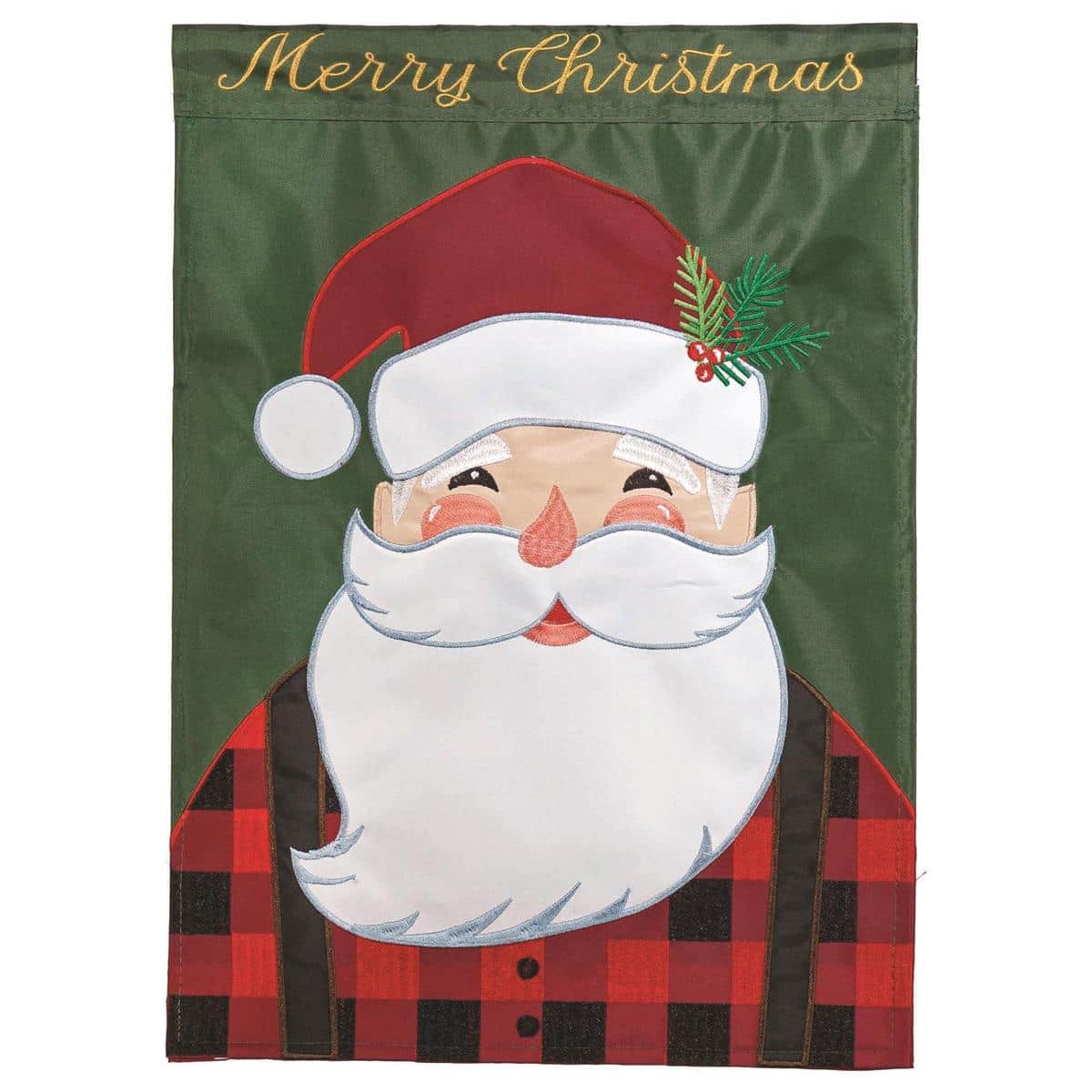 Jolly Santa garden flag 13x18 double applique showing smiling Santa in red suit with white trim, ideal for porch, lawn, and holiday seasonal decoration.