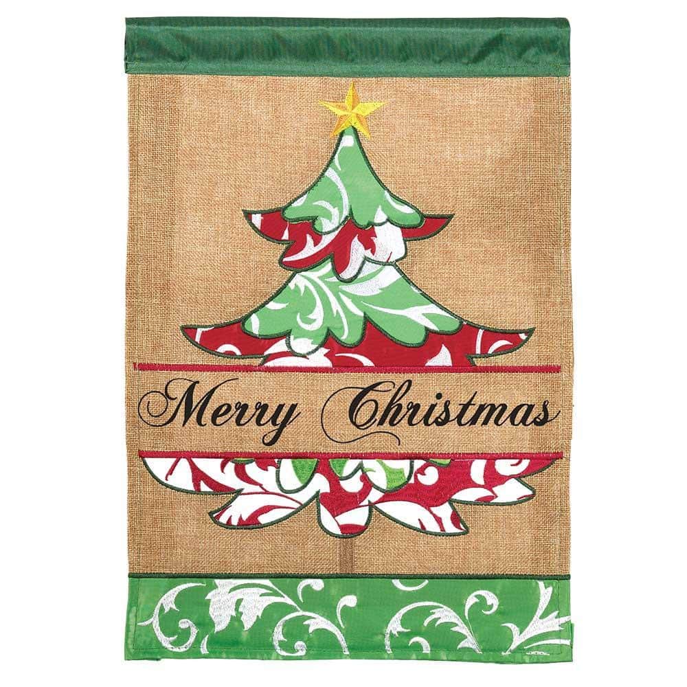 13x18 burlap garden flag featuring a layered double applique Christmas tree with embroidered accents on a rustic burlap background for outdoor holiday display