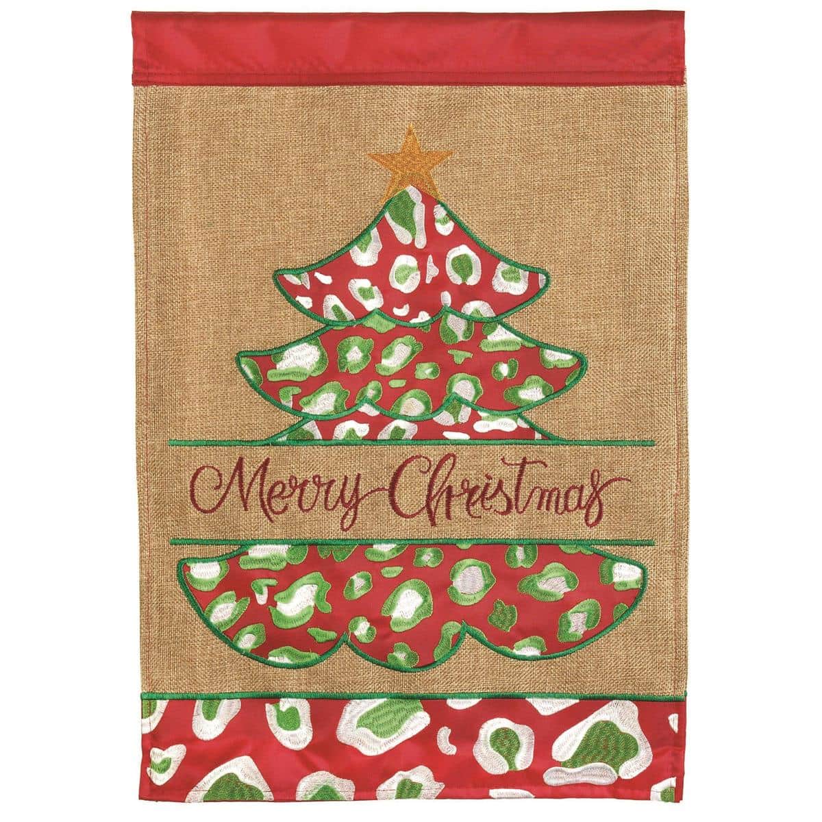 Green 13x18 Christmas tree garden flag with double applique ornaments and stitched star, vibrant layered design ideal for porch, mailbox, or yard holiday display.