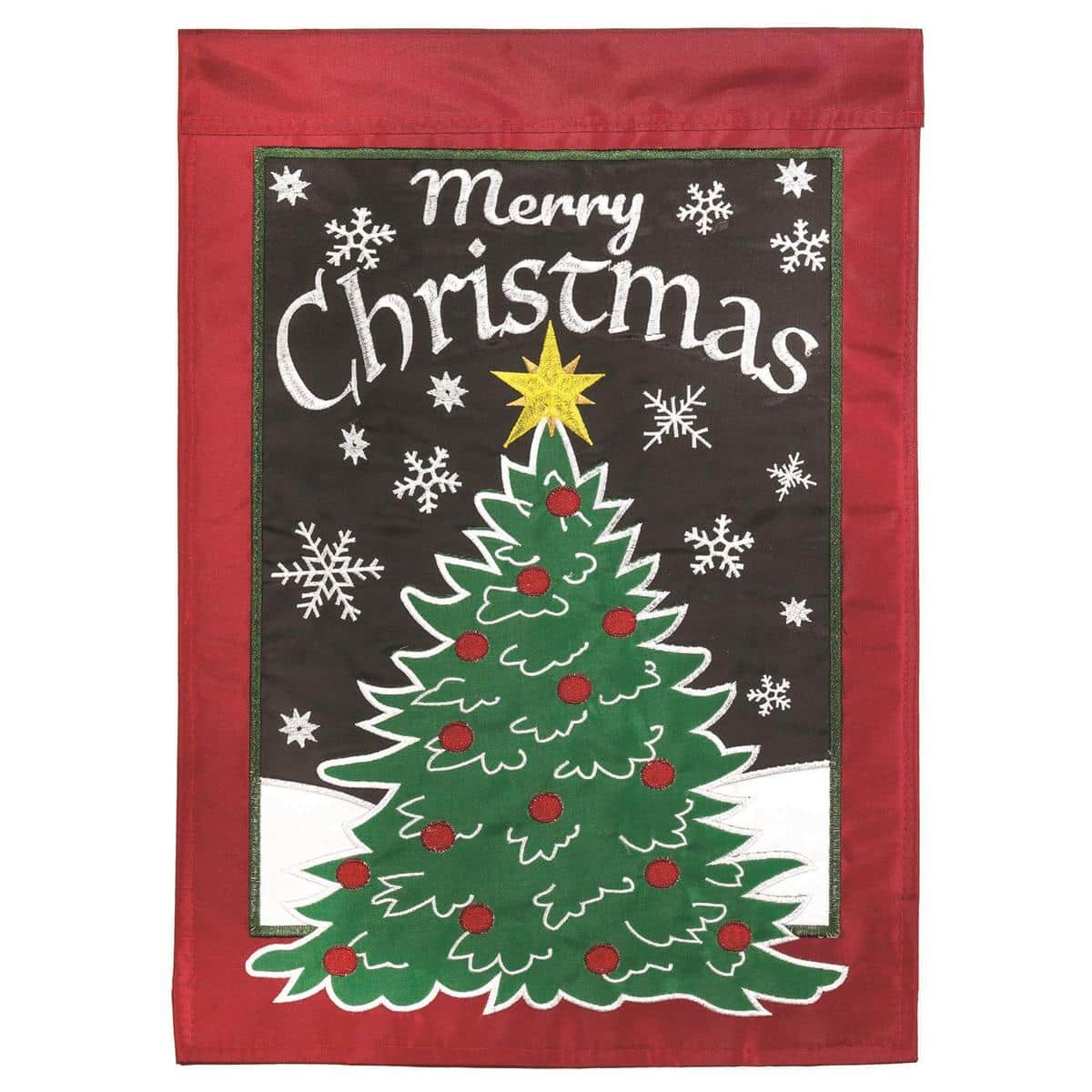 Festive 13x18 garden flag featuring a decorated Christmas tree with snow accents and layered double applique texture on durable, weather-resistant polyester for porch or garden display.