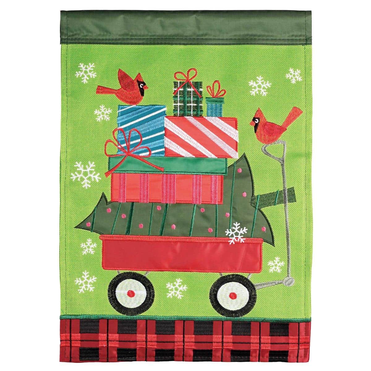 13x18 Christmas Wagon garden flag showing a double applique design with a red wagon carrying a decorated Christmas tree and festive accents on a neutral winter background.
