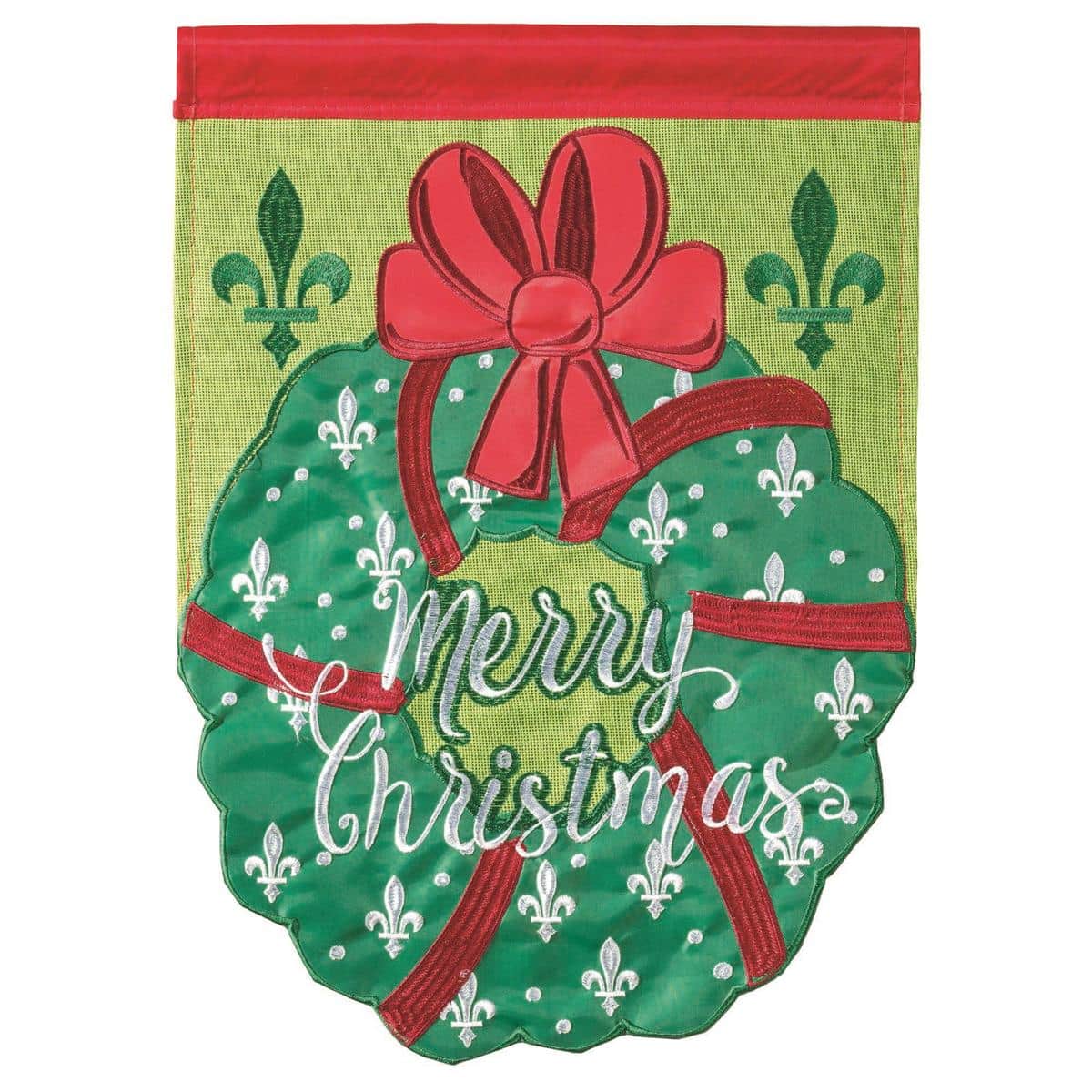 Close-up image of a 13x18 Christmas Wreath Garden Flag in double applique style showing layered fabric wreath, red berries, green pine sprigs, and decorative ribbon on durable outdoor fabric.