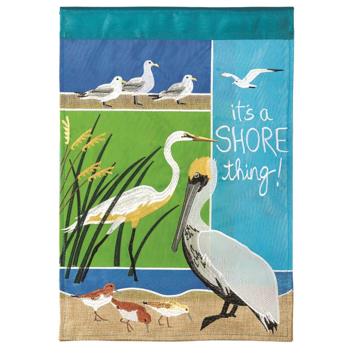 13x18 Coastal Birds double applique garden flag showing shorebirds in sand and sea tones on a beach-themed background for outdoor porch and garden display.