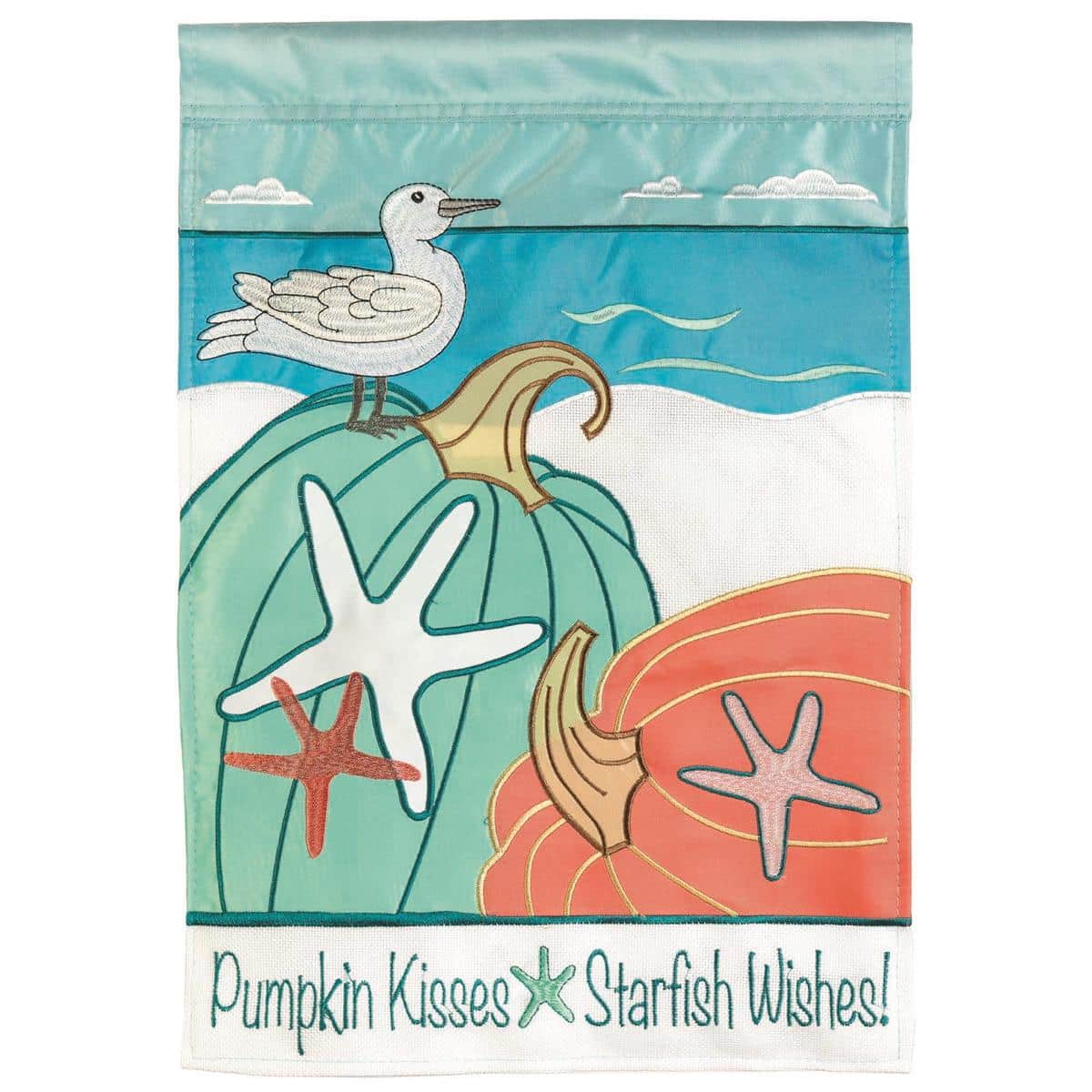13x18 Coastal Fall Pumpkins garden flag with double applique pumpkins in seaside hues, layered fabric textures, and a top pole sleeve for outdoor seasonal display.