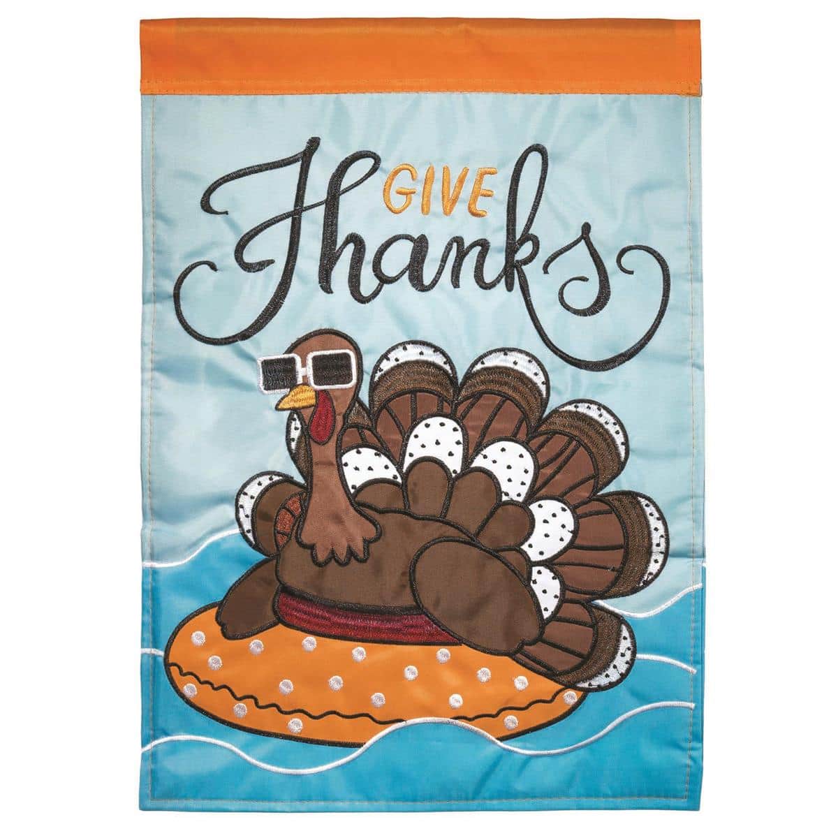 13x18 Coastal Give Thanks double applique garden flag showing a Thanksgiving turkey with seashell accents and striped coastal background, displayed on a porch post.