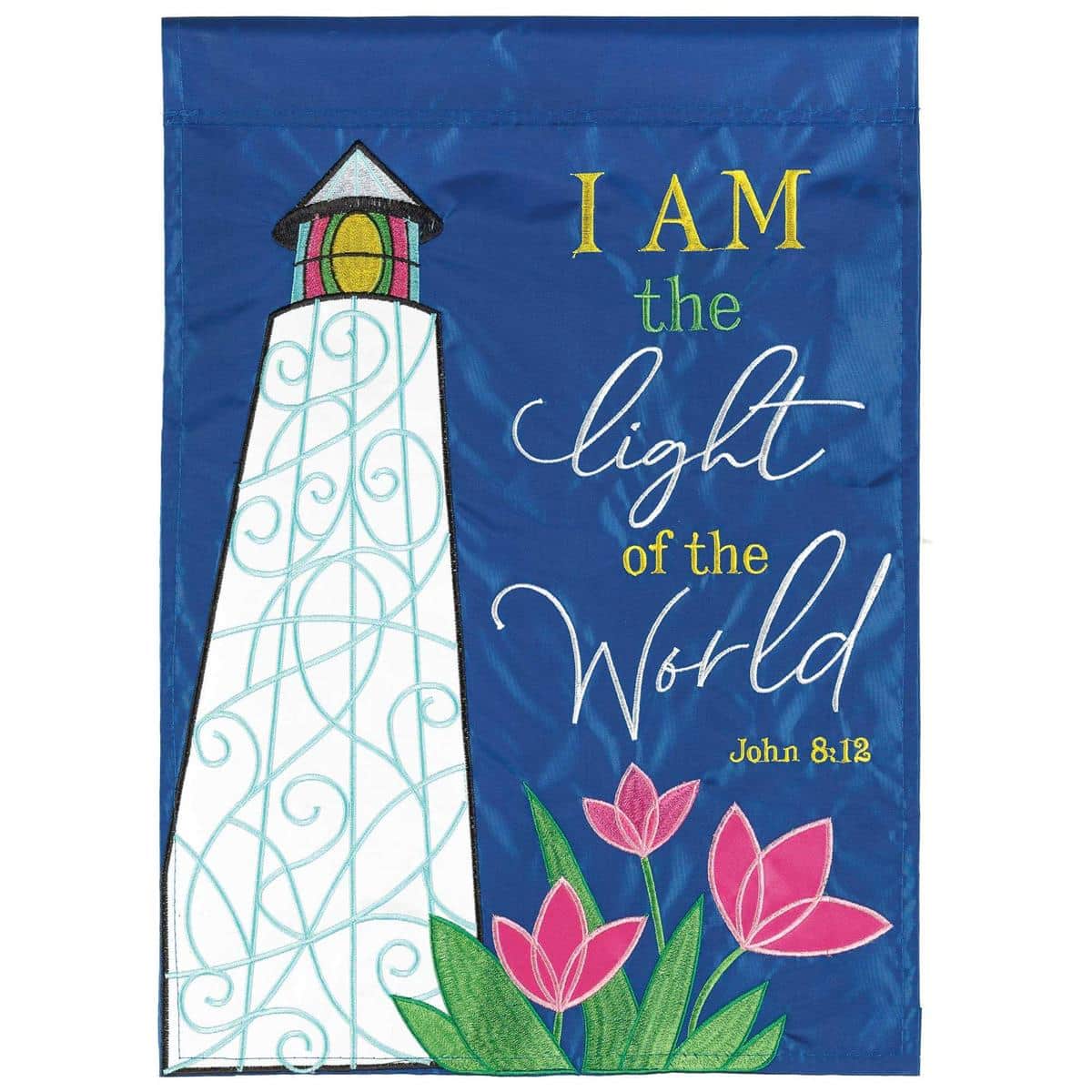 13x18 Colorful Lighthouse garden flag with John 8:12 scripture, double applique detail, vibrant nautical colors, and layered textures shown on a garden stake and porch setting