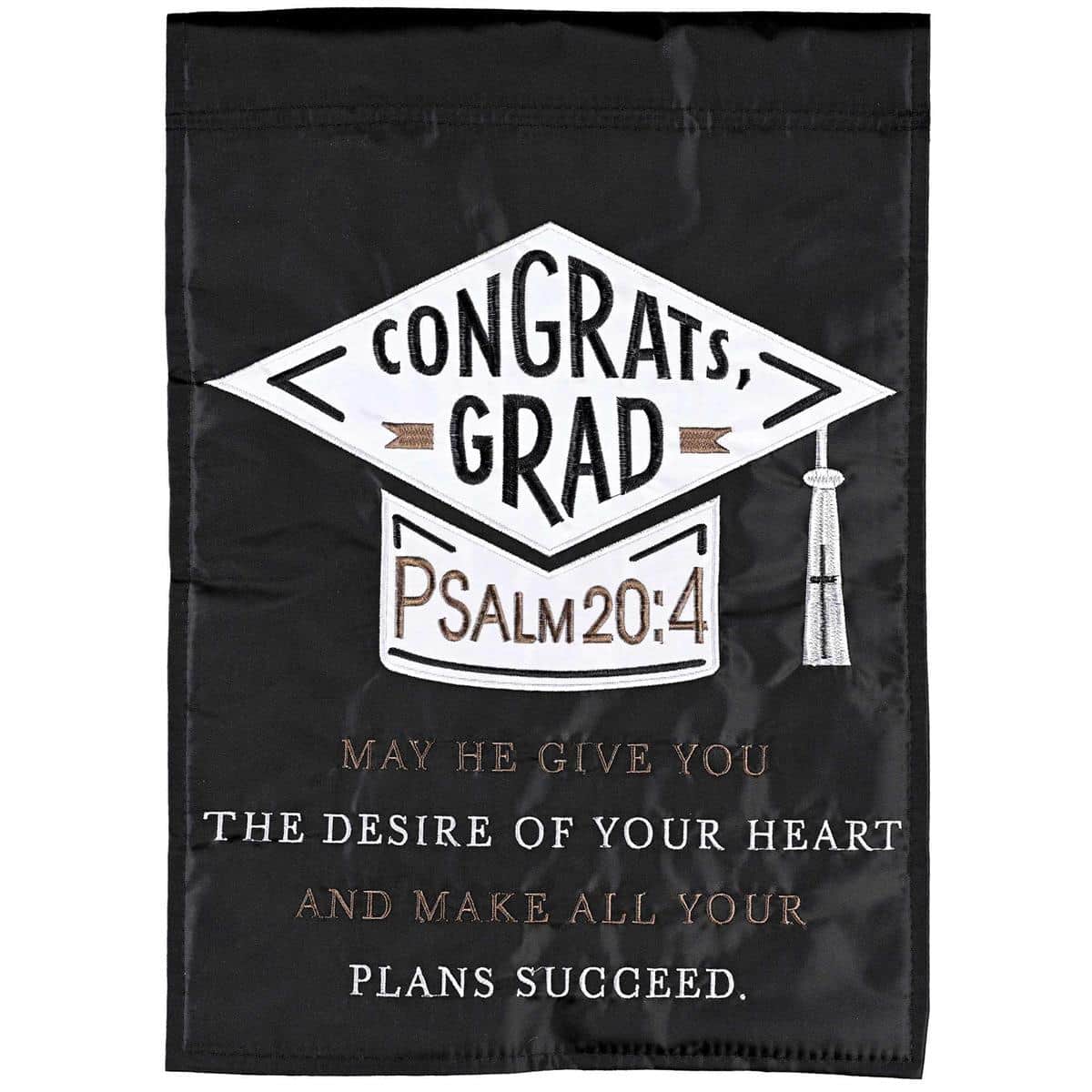 Congrats Grad Psalm 20:4 double applique 13x18 garden flag with embroidered cap, diploma, and scripture, black and gold, displayed on a yard flag stand.