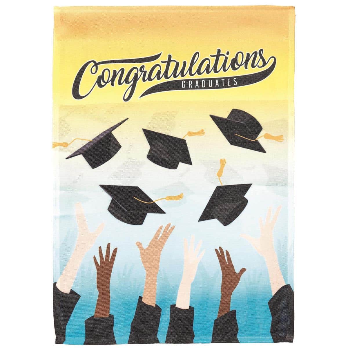 Congratulations Graduates garden flag, 13x18 in, printed design with caps, diplomas, and confetti, single-reverse print, top sleeve fits standard garden pole.