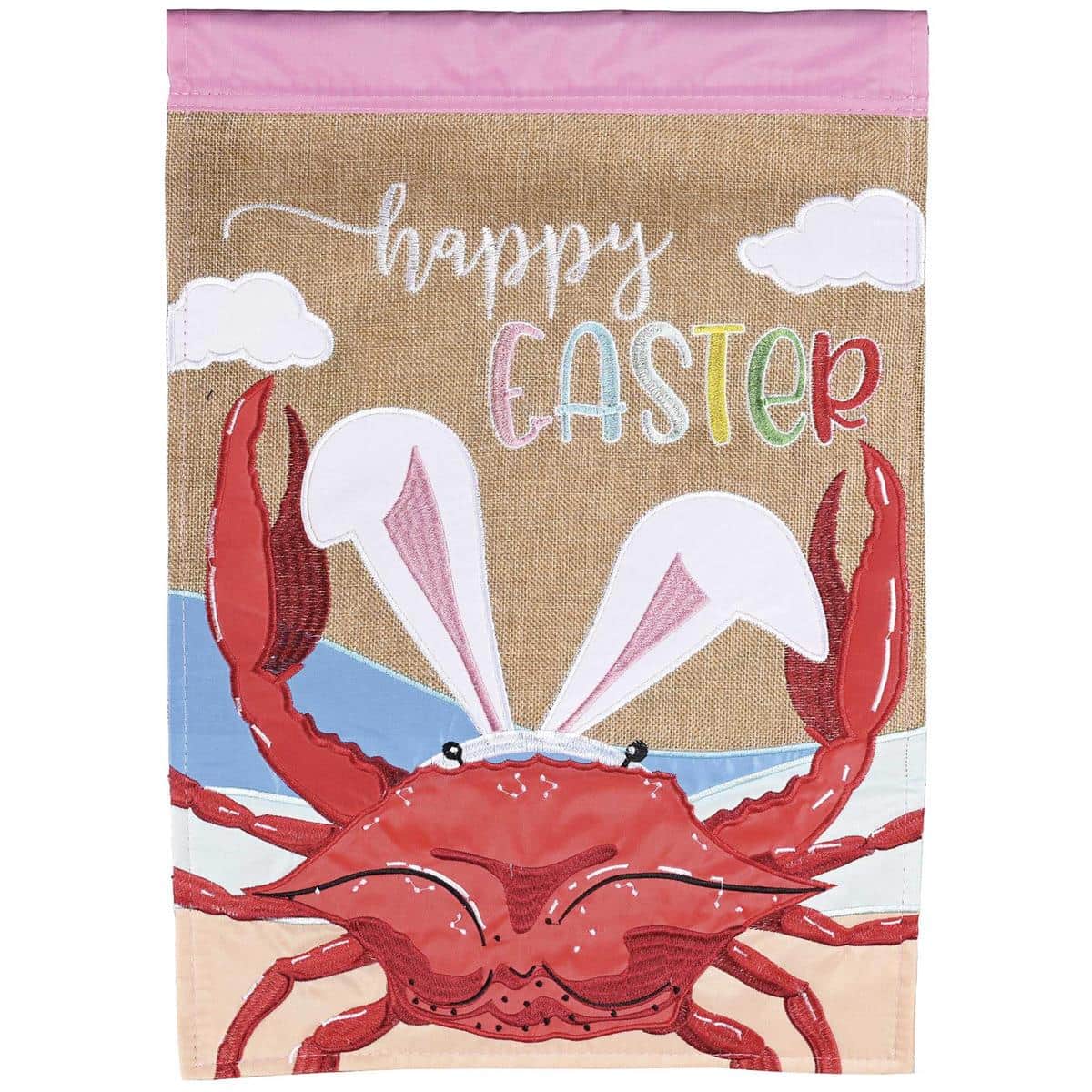 Alt text for main product image: 13x18 double applique garden flag showing a smiling red crab with pastel Easter eggs and shells on a sandy nautical background for spring porch display.