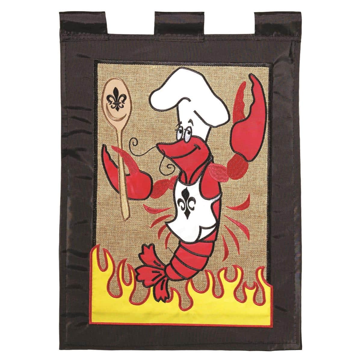 13x18 crawfish burlap garden flag with double applique crawfish graphic, rustic stitched edges, and a flag sleeve for easy porch or patio display.
