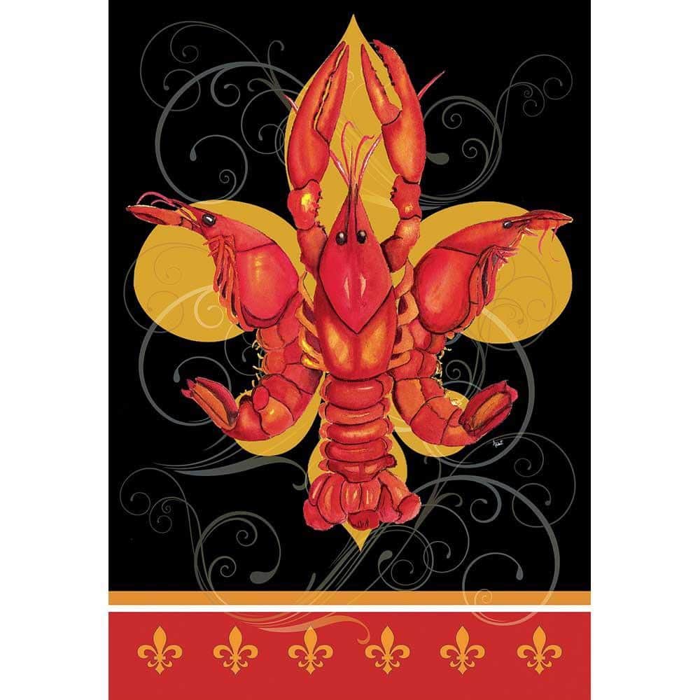 13x18 printed garden flag showing a red crawfish centered on a blue fleur-de-lis motif with bold color contrast for porch, yard, and outdoor party display.
