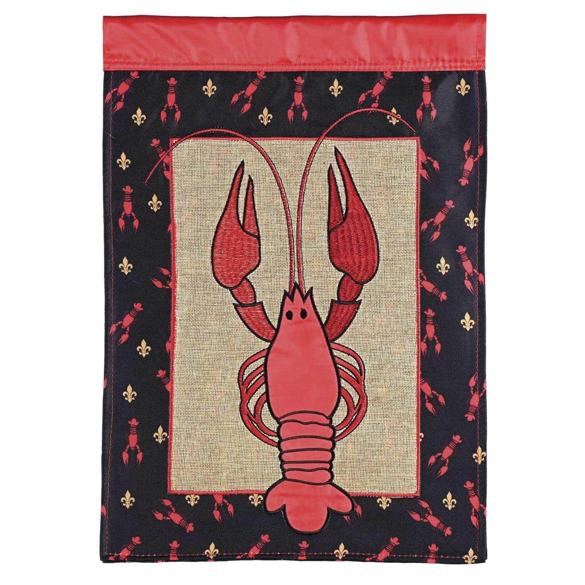 13x18 crawfish garden flag with layered applique of red crawfish and Louisiana motifs displayed on a lawn flag stand and green grass background