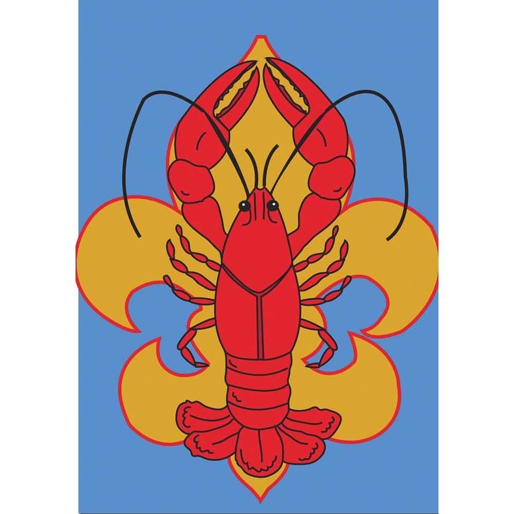 Close up of Crawfish Got Tails? 29x42 double applique banner flag showing red crawfish illustration, layered fabric appliques, stitched outlines and reinforced header sleeve.