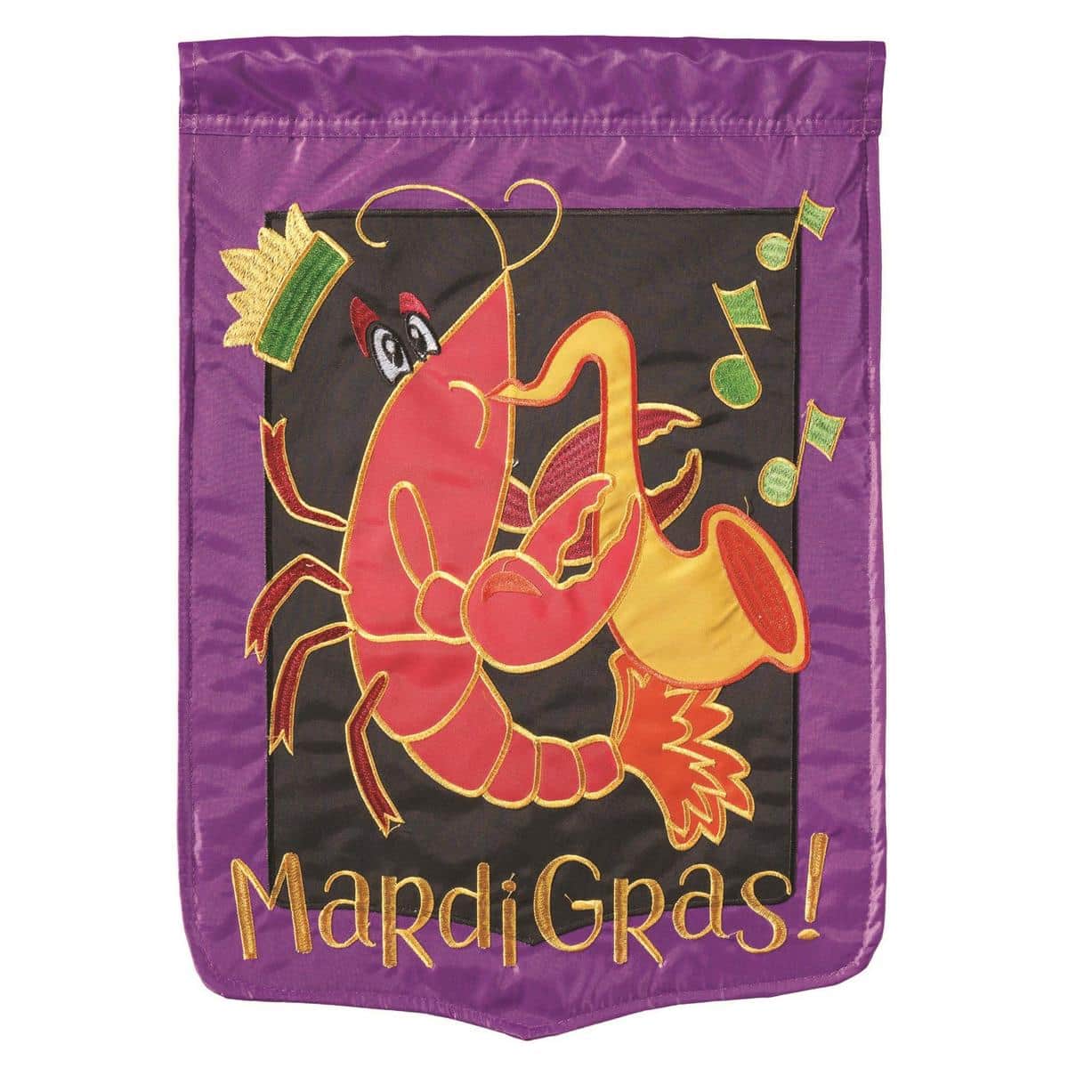 Double applique 13x18 Crawfish Mardi Gras garden flag in purple, green, and gold with beads and fleur-de-lis, Louisiana carnival outdoor decor.
