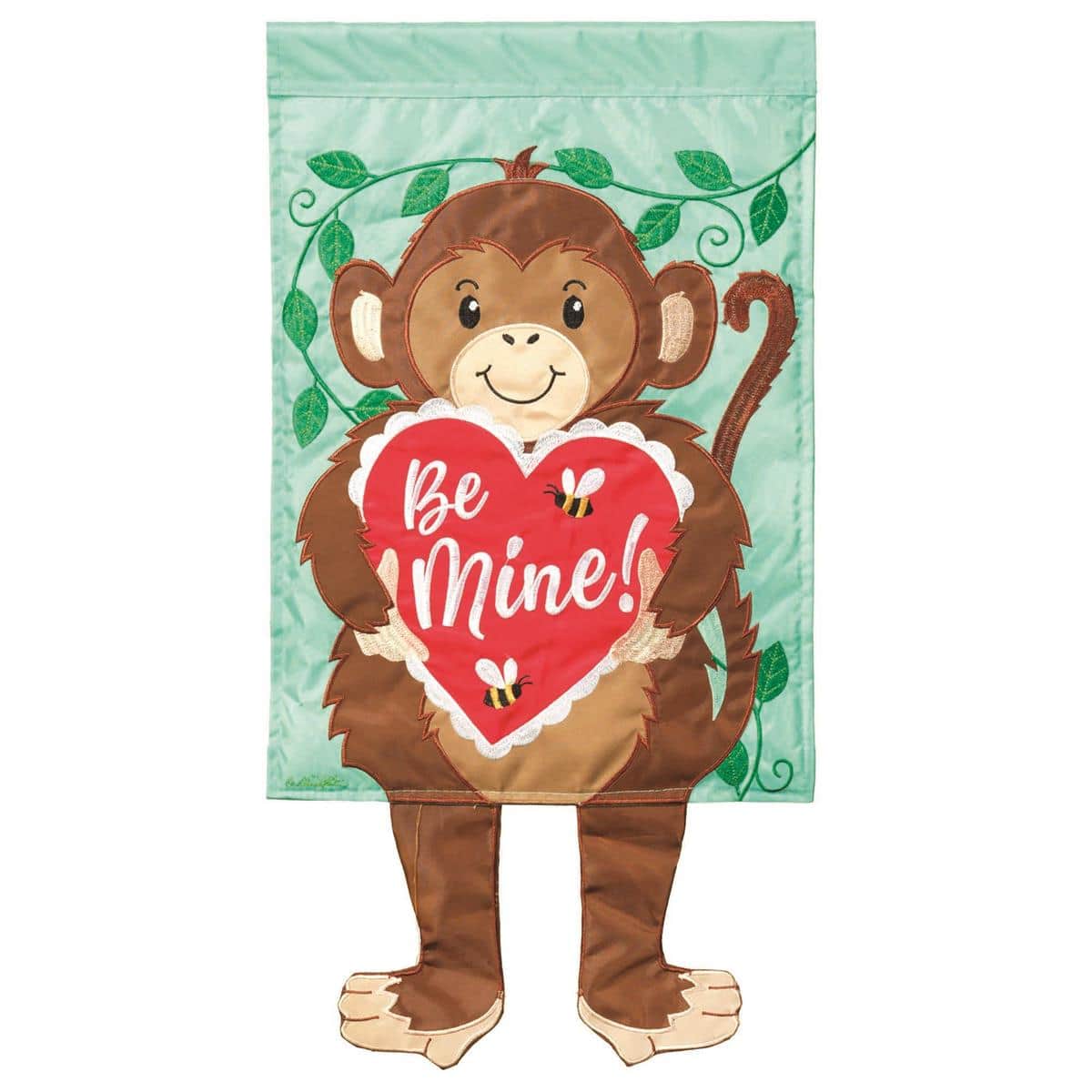 13x18 Valentine garden flag featuring a smiling monkey with crazy dangling legs and a Be Mine message, red and pink hearts, outdoor yard decor.