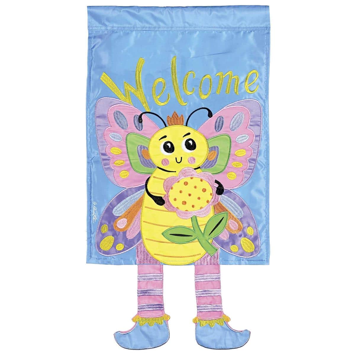 Alt text for main product image: 13x18 Crazy Leg Butterfly garden flag with bright butterflies and colorful flowers, playful curved legs motif and reinforced sleeve for easy yard display.