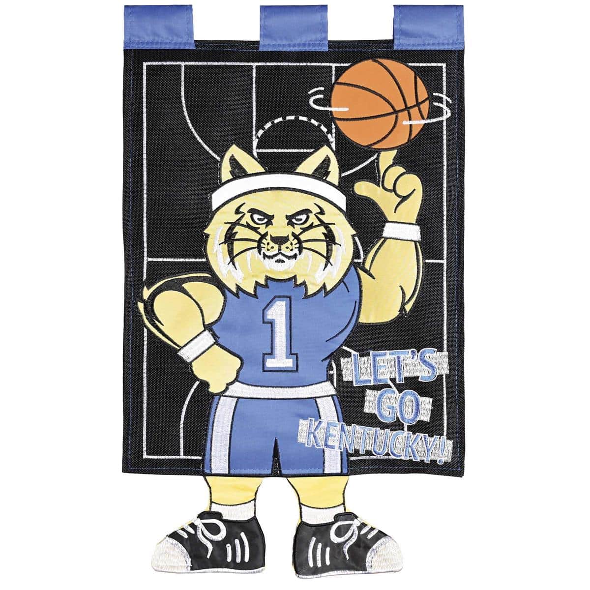 Crazy Leg Cat garden flag 13x18 basketball theme showing a playful cat with extended crazy legs dribbling a basketball on a court background for porch or yard display.