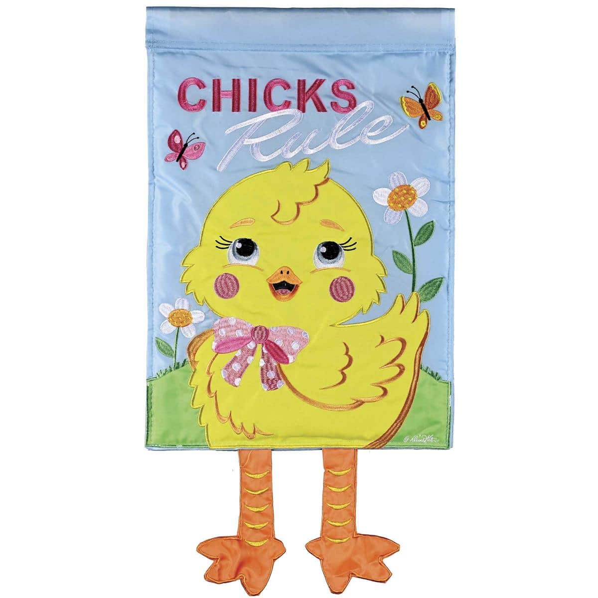 Crazy Leg Chicks Rule garden flag with bright yellow chicks, playful farmhouse lettering, and dangling legs swaying in the breeze on a standard garden flag stand.