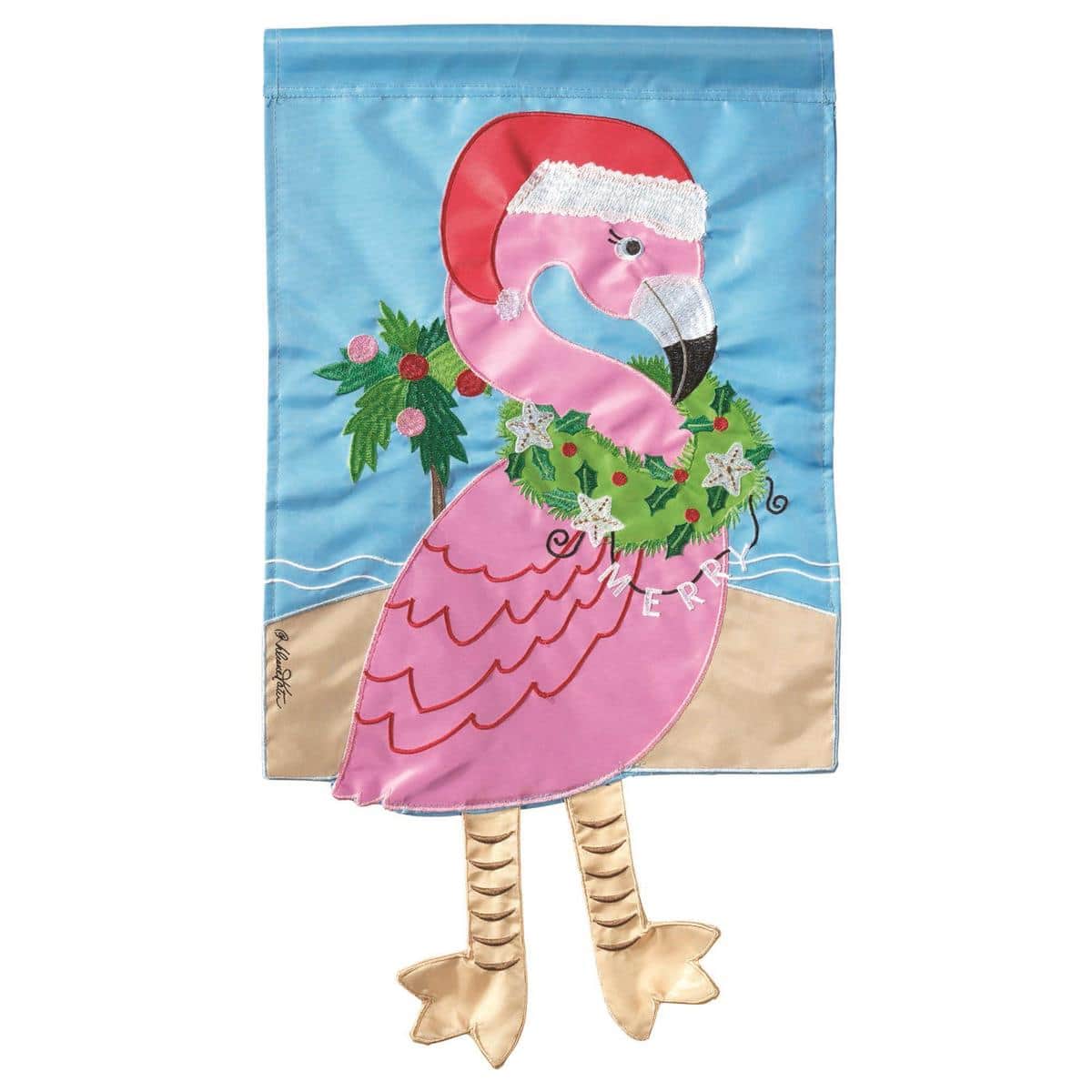 13x18 Crazy Leg Christmas Flamingo garden flag featuring a pink flamingo in a Santa hat with bent crazy legs on a festive red and snowy background for outdoor display