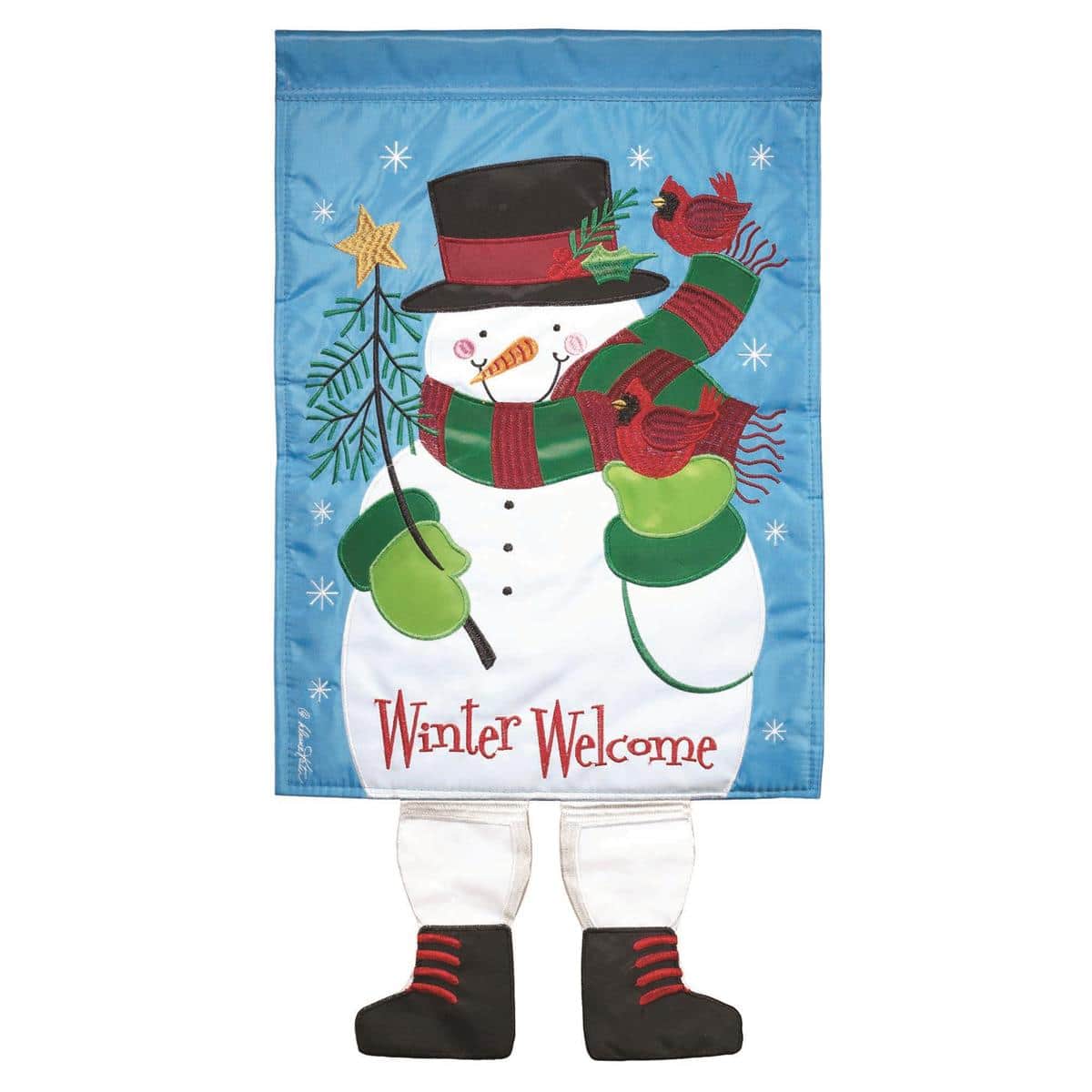 Alt text for main product image: Crazy Leg Christmas Snowman 13x18 garden flag showing a smiling snowman with dangling striped legs, snowflakes and evergreen accents on a winter background, displayed on a metal stand.