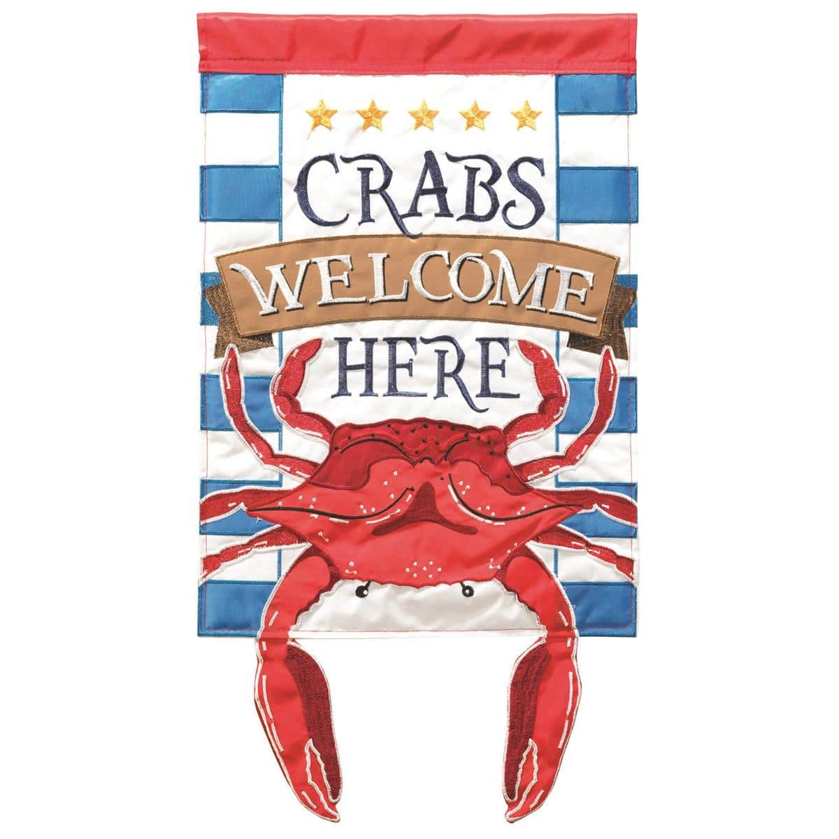 Close-up of Crazy Leg Crabs Welcome Here 13x18 garden flag showing red crabs with fabric legs in motion, coastal welcome text, and a top pole sleeve on a stand.