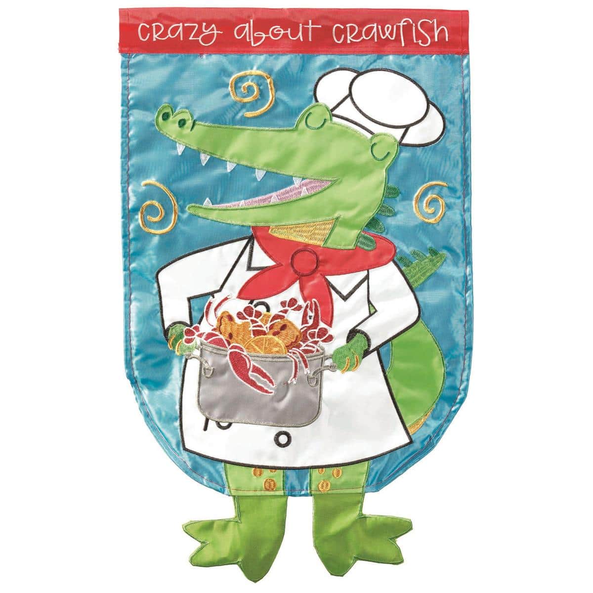 13x18 Crazy Leg Crazy About Crawfish garden flag displaying a smiling red crawfish with exaggerated legs and bold "Crazy About Crawfish" text, hung on a standard garden flag stand against a green lawn.
