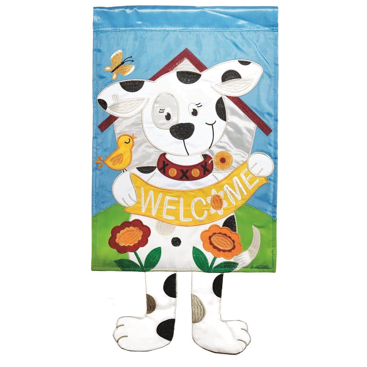 Crazy Leg Dog Welcome garden flag with dangling 3D legs, 13"x18" size, weather-resistant fabric, bright dog graphic, top sleeve for standard stand, cheerful welcome text