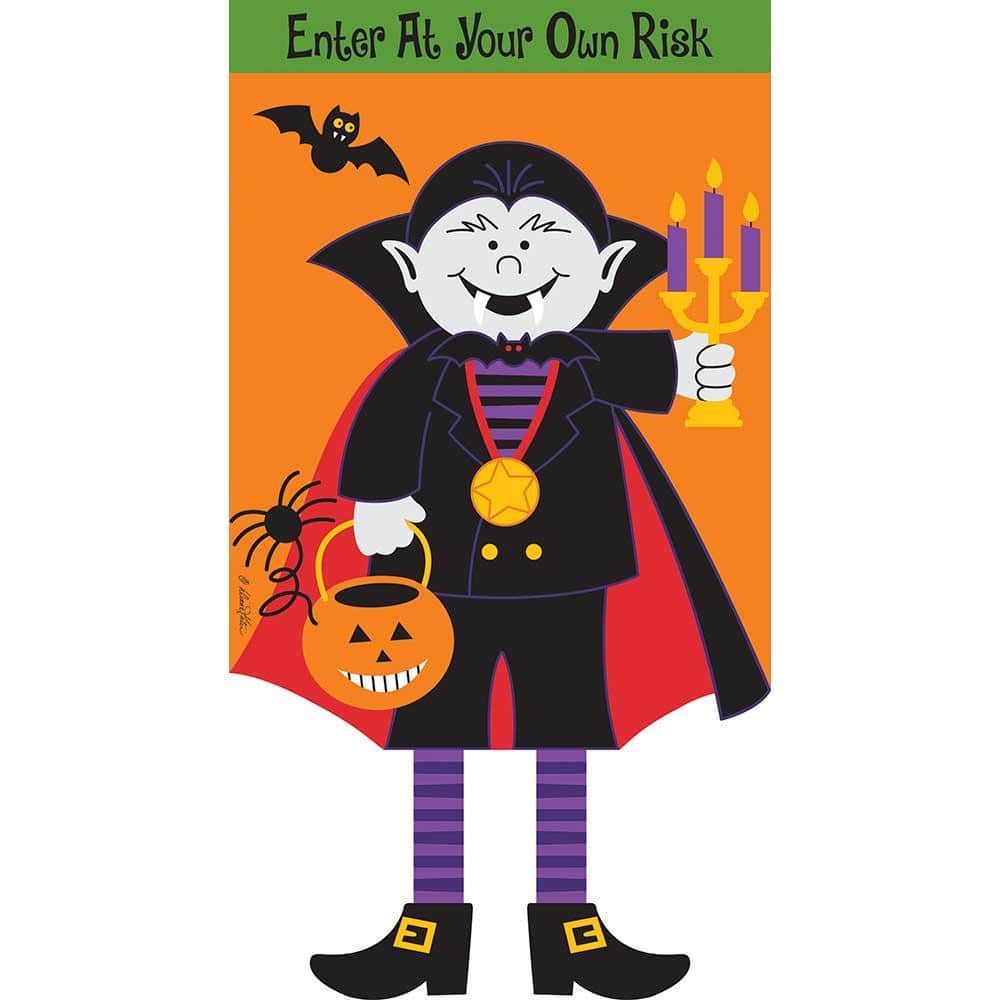 13x18 Crazy Leg Dracula garden flag with Dracula character, crazy legs, and "Enter Own Risk" text in bold Halloween graphics for yard display.