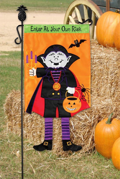13x18 Crazy Leg Dracula garden flag with Dracula character, crazy legs, and "Enter Own Risk" text in bold Halloween graphics for yard display.