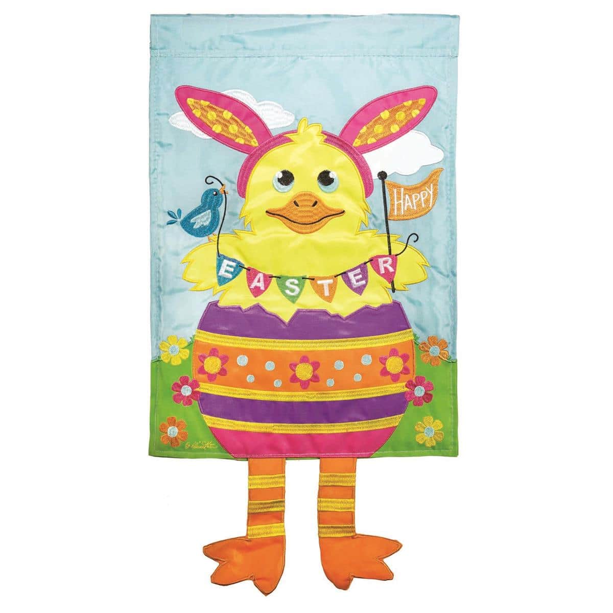 13x18 Crazy Leg Easter garden flag with playful dancing legs, Easter eggs, bunnies, and spring florals in bright pastel and vivid accent colors designed for a standard garden flag stand.