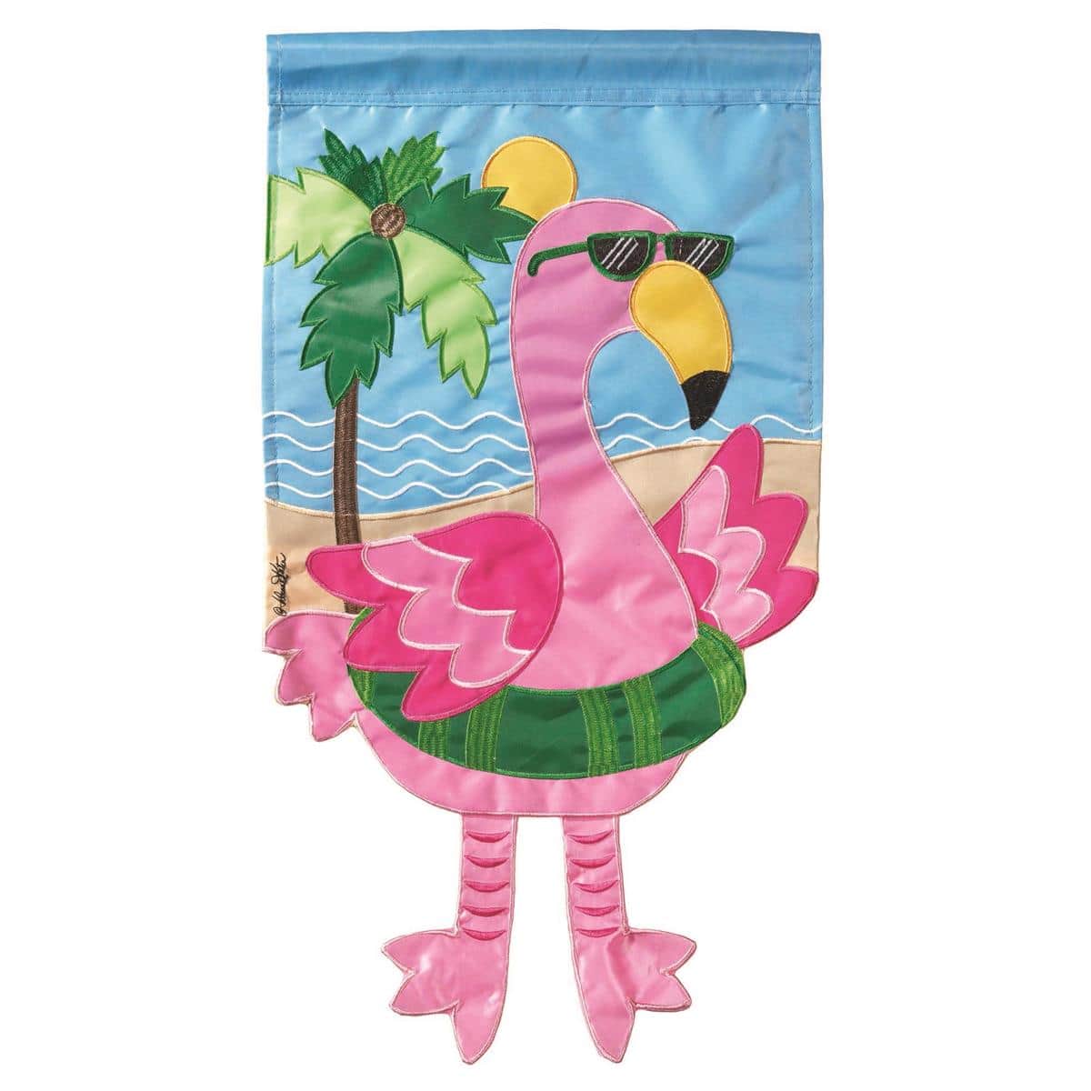 Crazy Leg Flamingo Green Garden Flag 13x18 with dangling legs on green background, weather resistant polyester, displayed on standard garden flag stand.