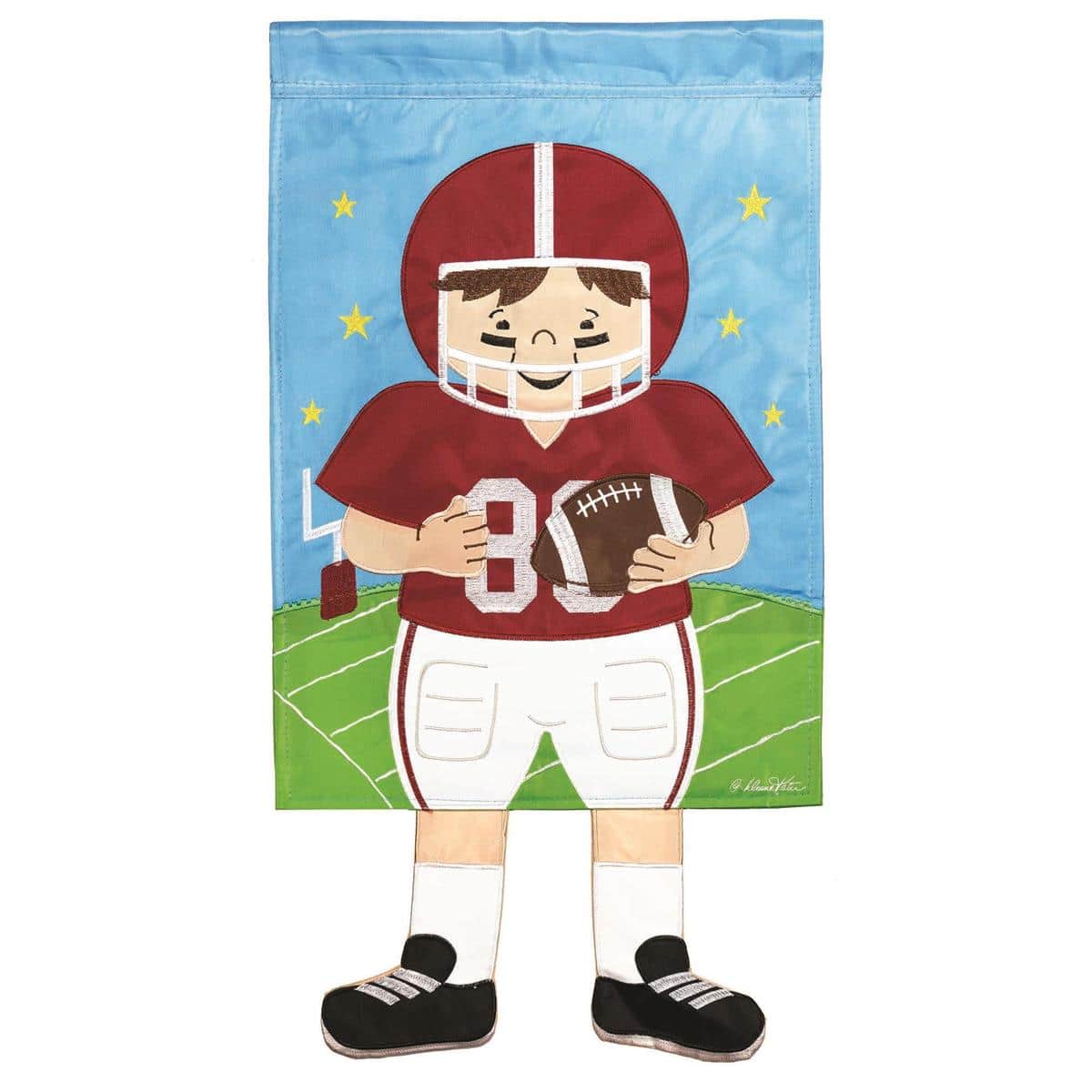 Close-up of 13x18 crimson football garden flag with dangling crazy legs swaying on a lawn stake, sunlight highlighting textured stitching and pole sleeve.