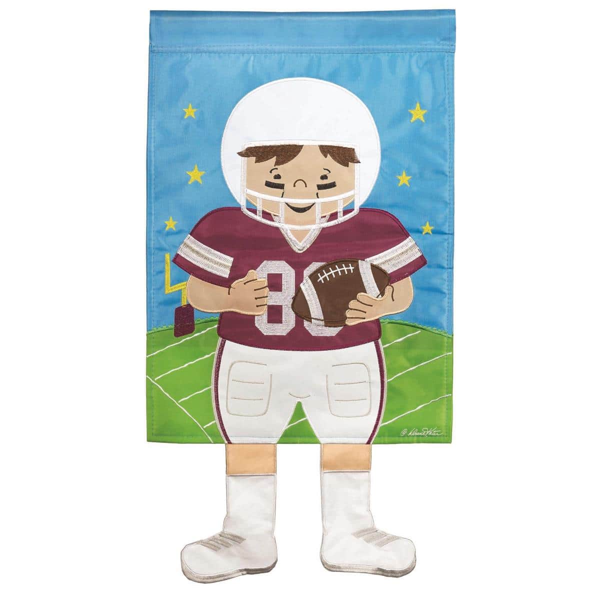 Maroon and gray crazy leg football mascot garden flag 13 by 18 inches displayed on a lawn showing spirited team pride.