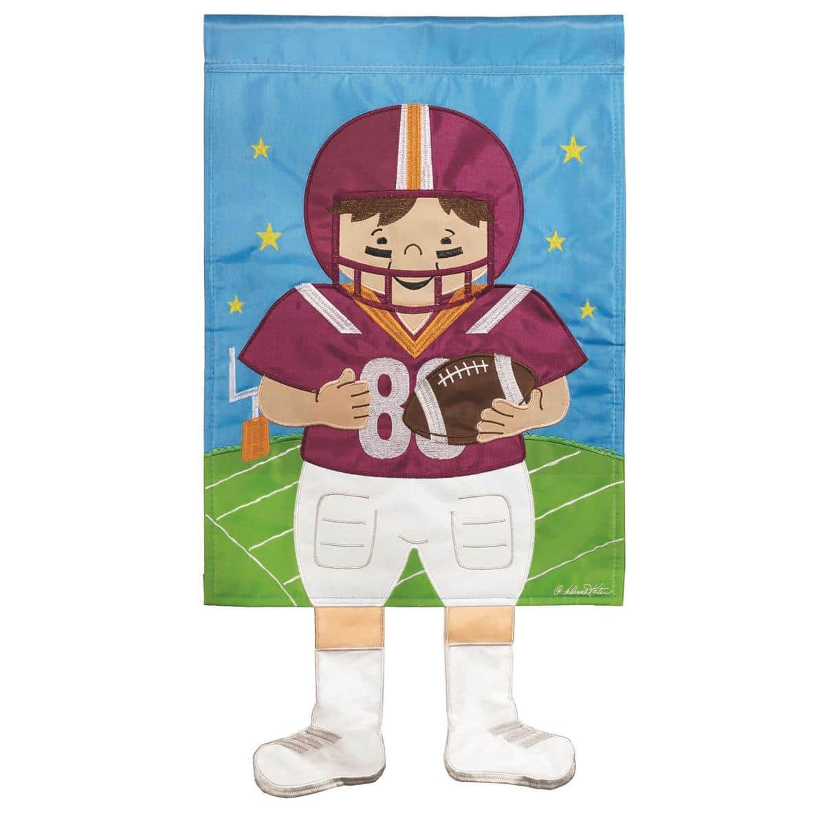 13x18 maroon and orange football garden flag with dangling crazy legs on a standard stand, outdoor kinetic decor for yards, porches, and tailgates