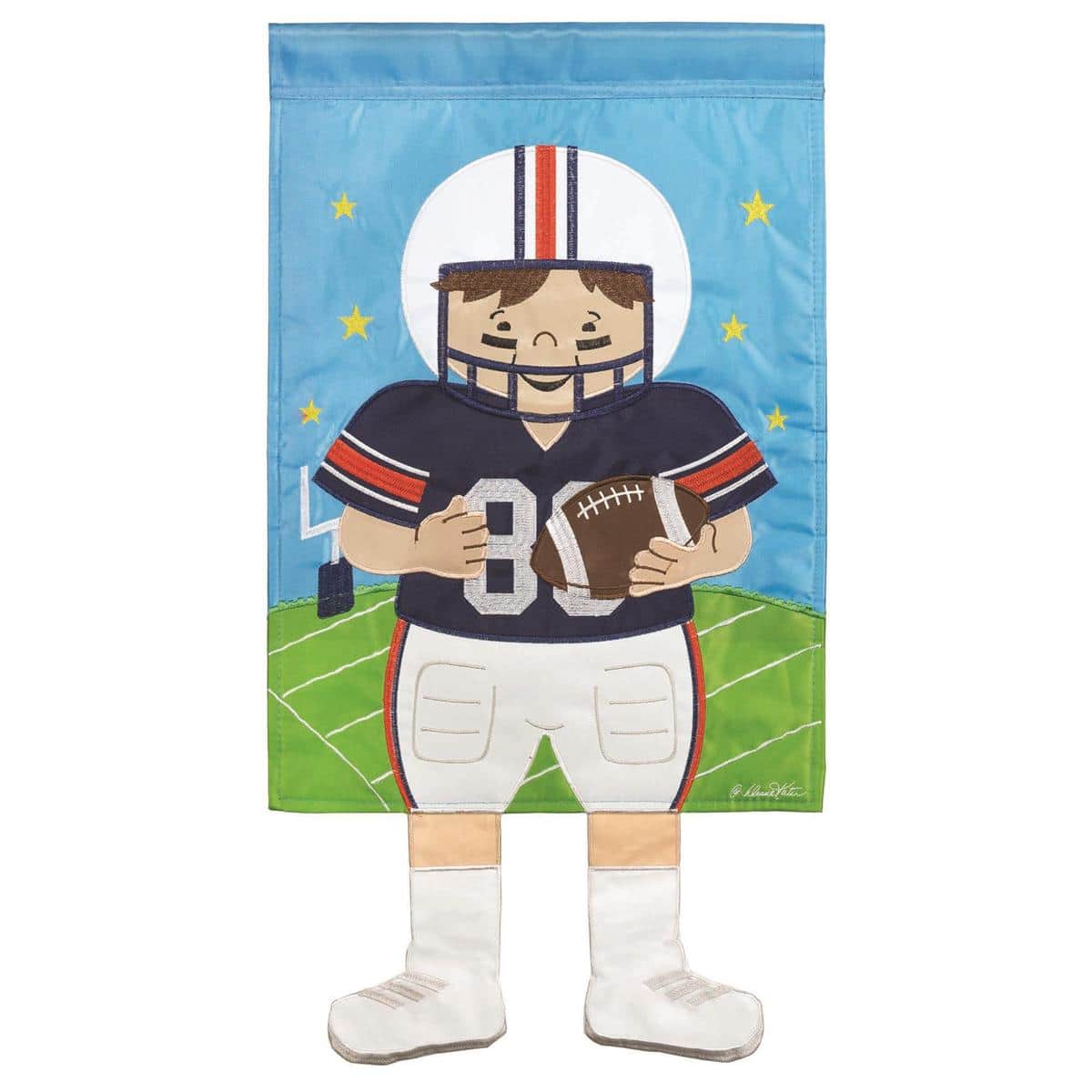 Main product image showing Crazy Leg Football Navy Orange 13x18 garden flag on a standard lawn pole, navy background with orange football graphics and playful elongated leg design.
