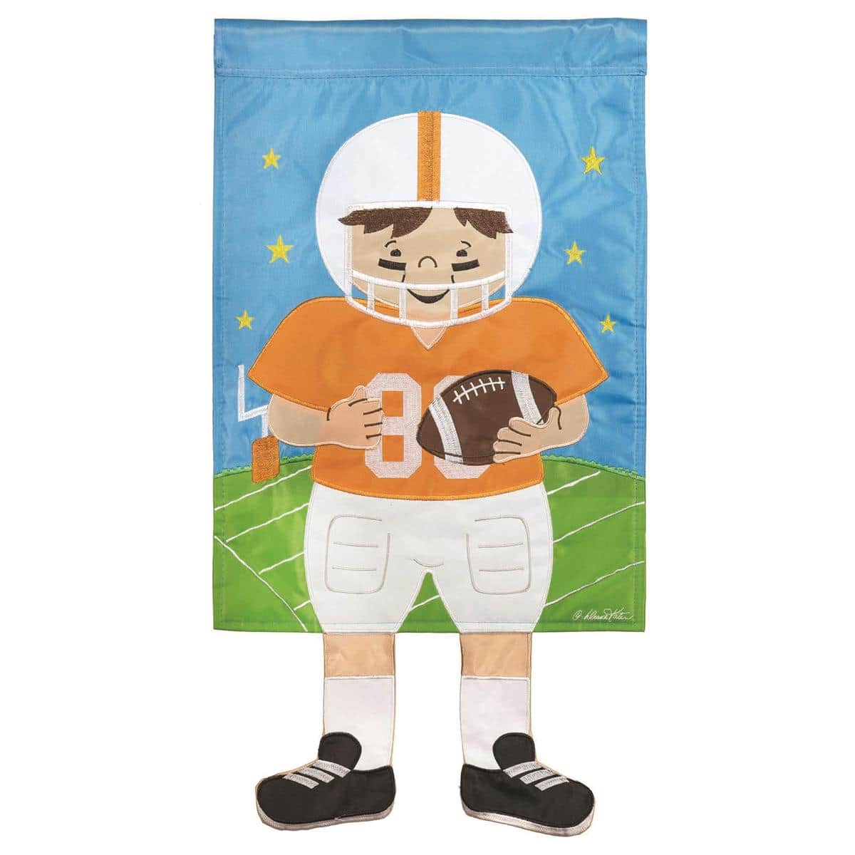 Orange and white Crazy Leg Football garden flag 13x18 inches with playful long-legged football player graphic for lawns, porches and tailgate displays