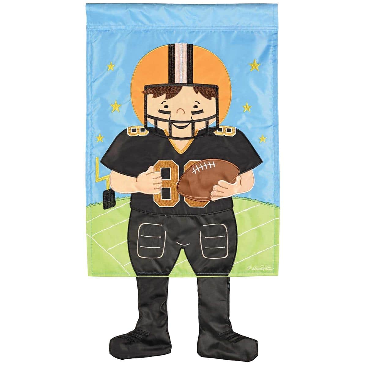 Black and gold Crazy Leg football player garden flag 13x18 LA-Sports style on a lawn pole showing a dynamic kicking silhouette perfect for game day displays and tailgates.