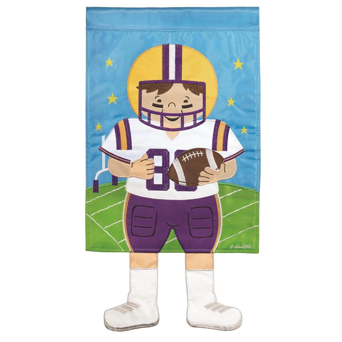 13x18 Crazy Leg Football garden flag in purple and gold with LA-Sports crazy legs player silhouette, reinforced header sleeve for standard garden poles, weatherproof polyester fabric and hemmed edges.