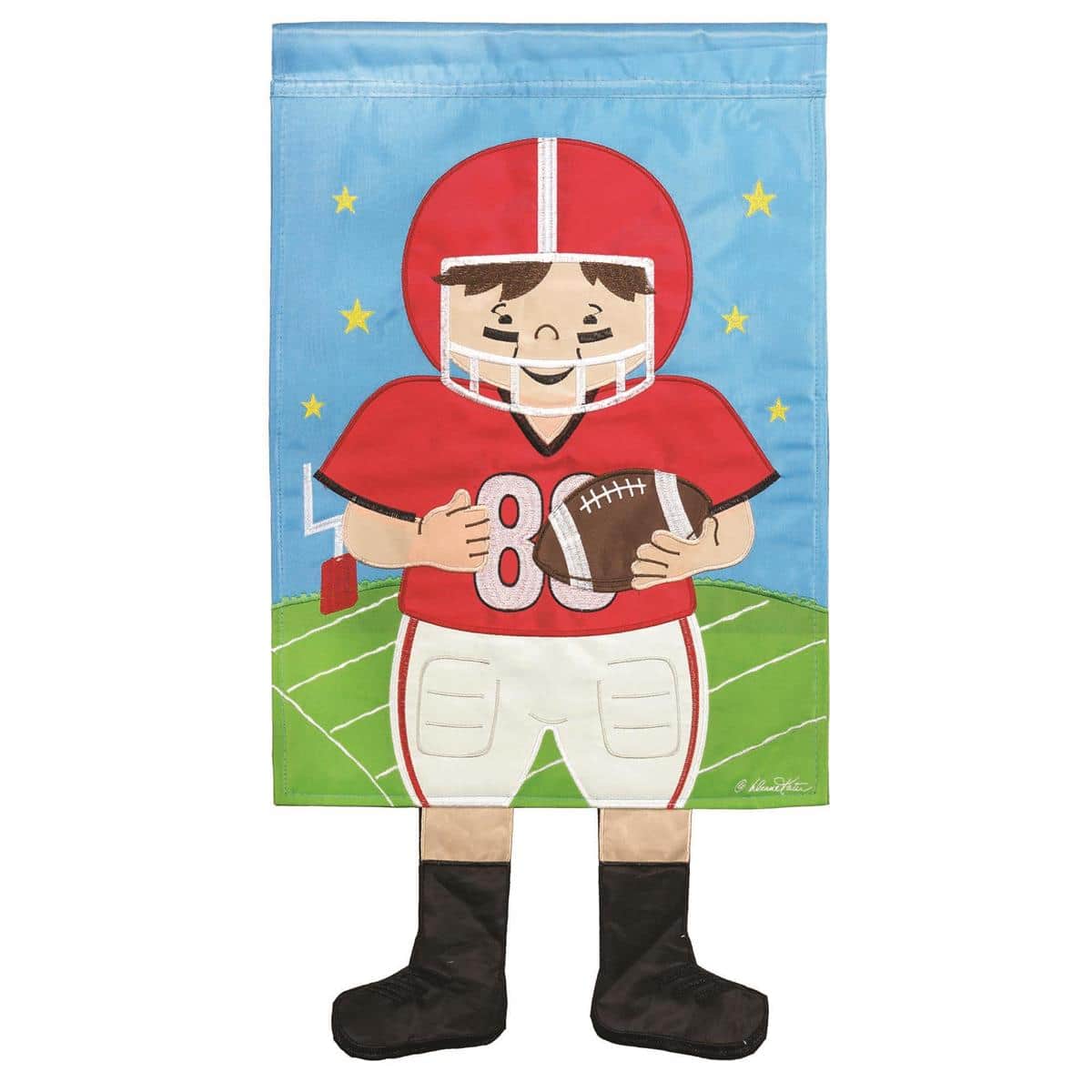 Red and black Crazy Leg football player garden flag 13x18 displayed on a yard pole for tailgate and porch decoration.