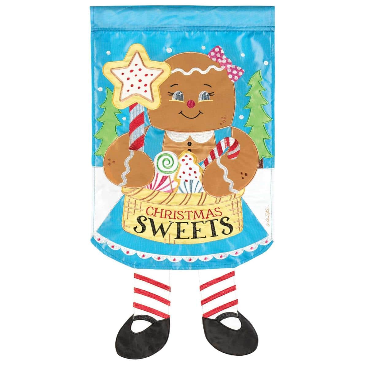 13x18 Crazy Leg Gingerbread Garden Flag showing a smiling gingerbread with candy-striped dangling legs on a red and snowy background, ideal Christmas garden flag decor.