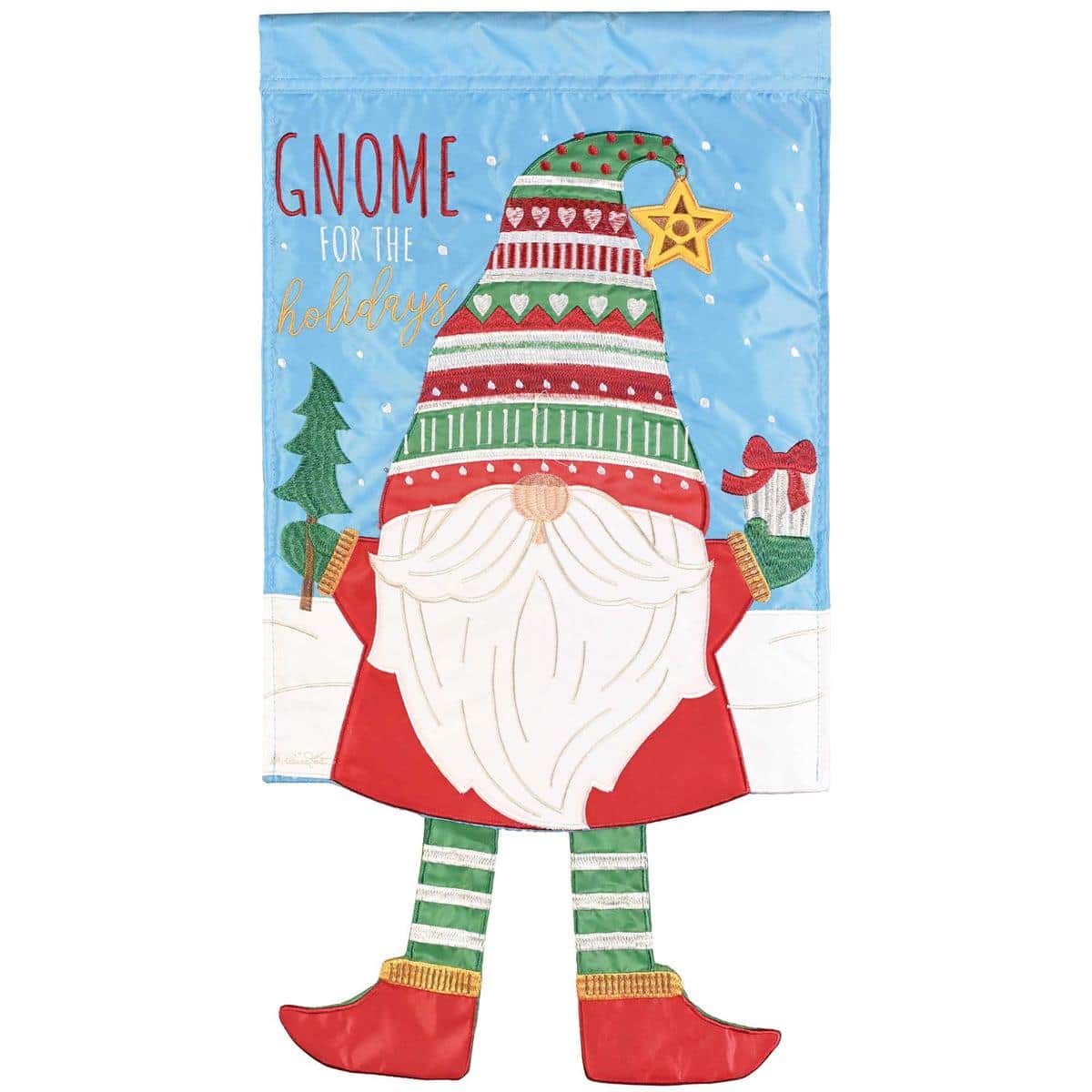 Whimsical Crazy Leg Gnome garden flag with red hat, striped dangling legs, snowflake accents, 13x18 Christmas outdoor garden flag perfect for porch poles, yard displays, and holiday gift giving