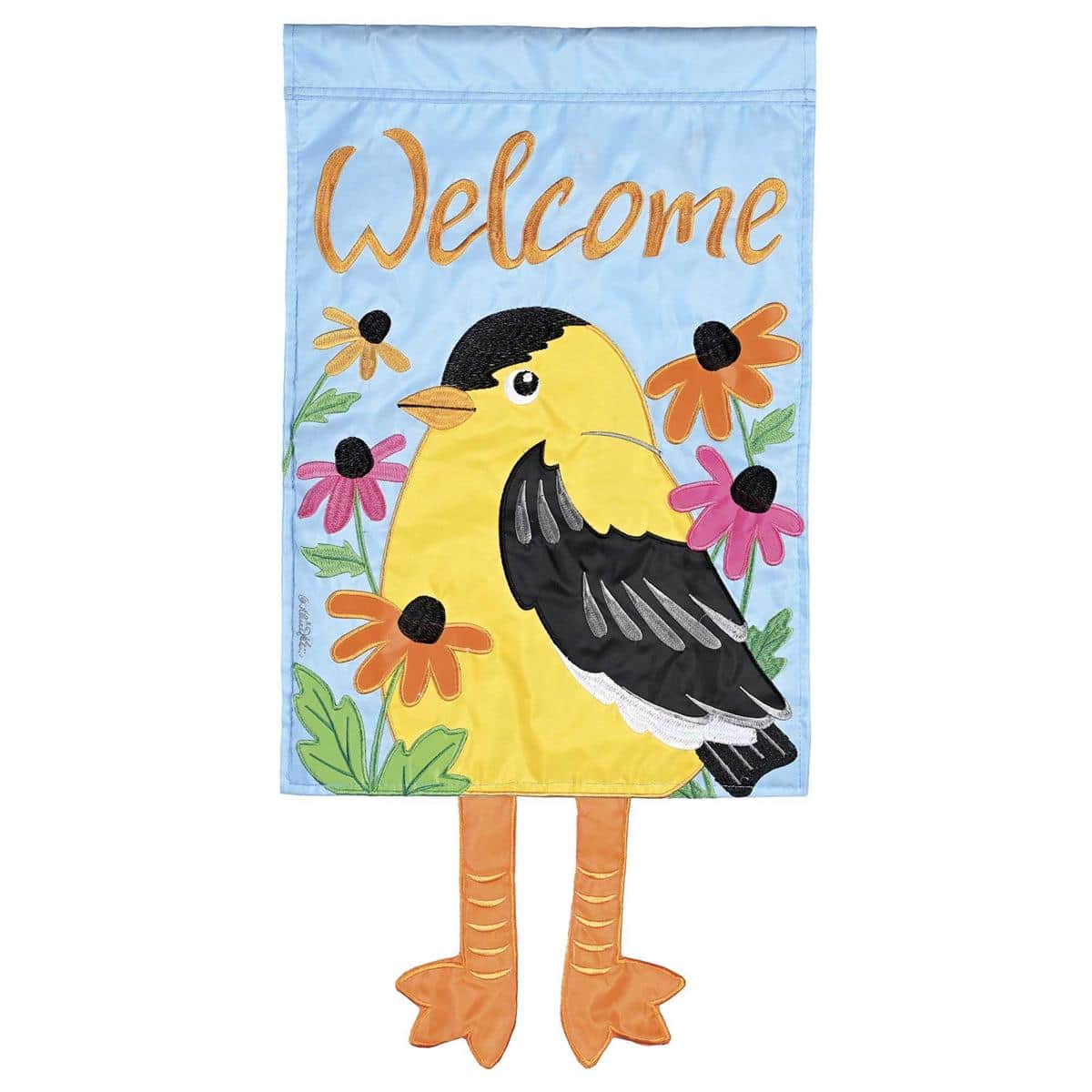 13x18 inch Crazy Leg Goldfinch garden flag showing a bright yellow and black goldfinch with an exaggerated long leg and playful tilt against a complementary teal background and subtle garden silhouette.