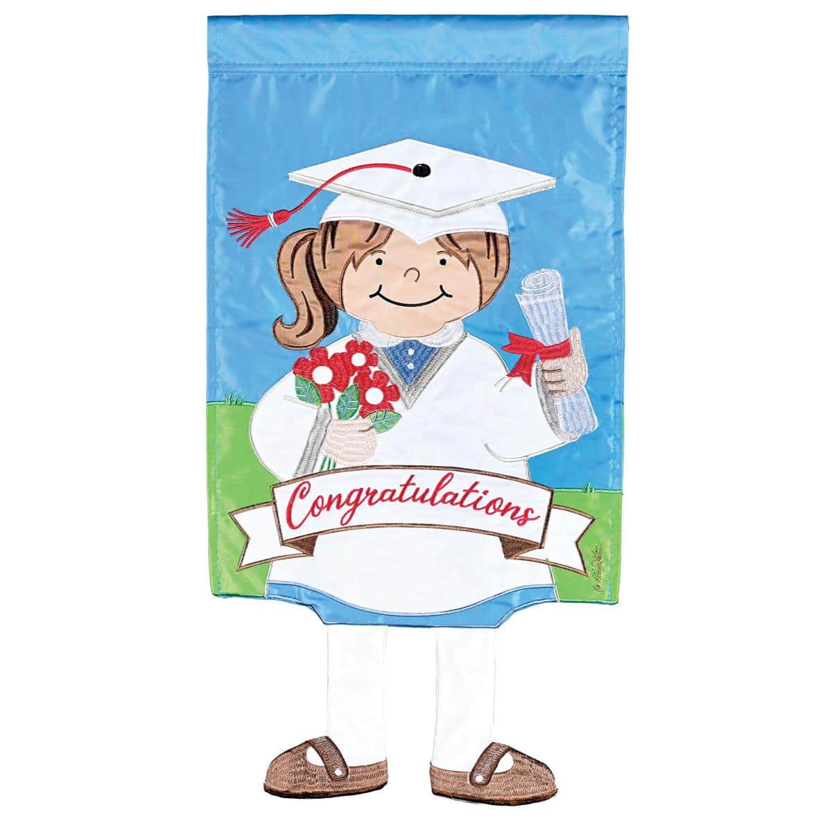 Crazy Leg garden flag 13x18 featuring a girl in a cap and gown with playful wiggly legs displayed on a yard flag stand.