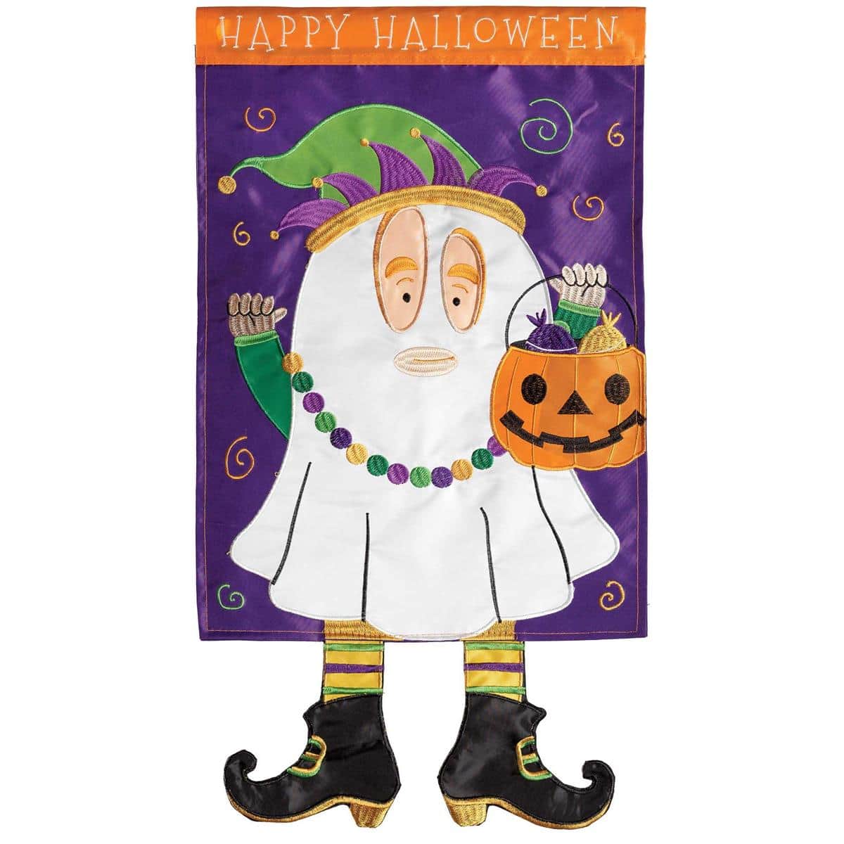 13x18 Crazy Leg Halloween ghost jester garden flag with long patterned legs, smiling ghost face, bold orange and black colors, perfect for porch or yard display.