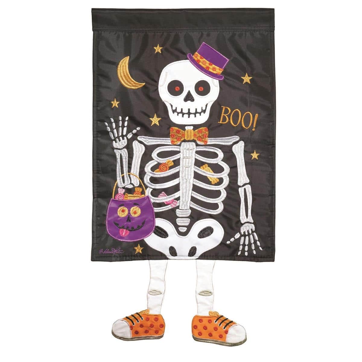13x18 Crazy Leg Halloween garden flag showing dangling skeleton legs wearing striped stockings and vintage shoes, playful spooky yard decor for porch or planter display.
