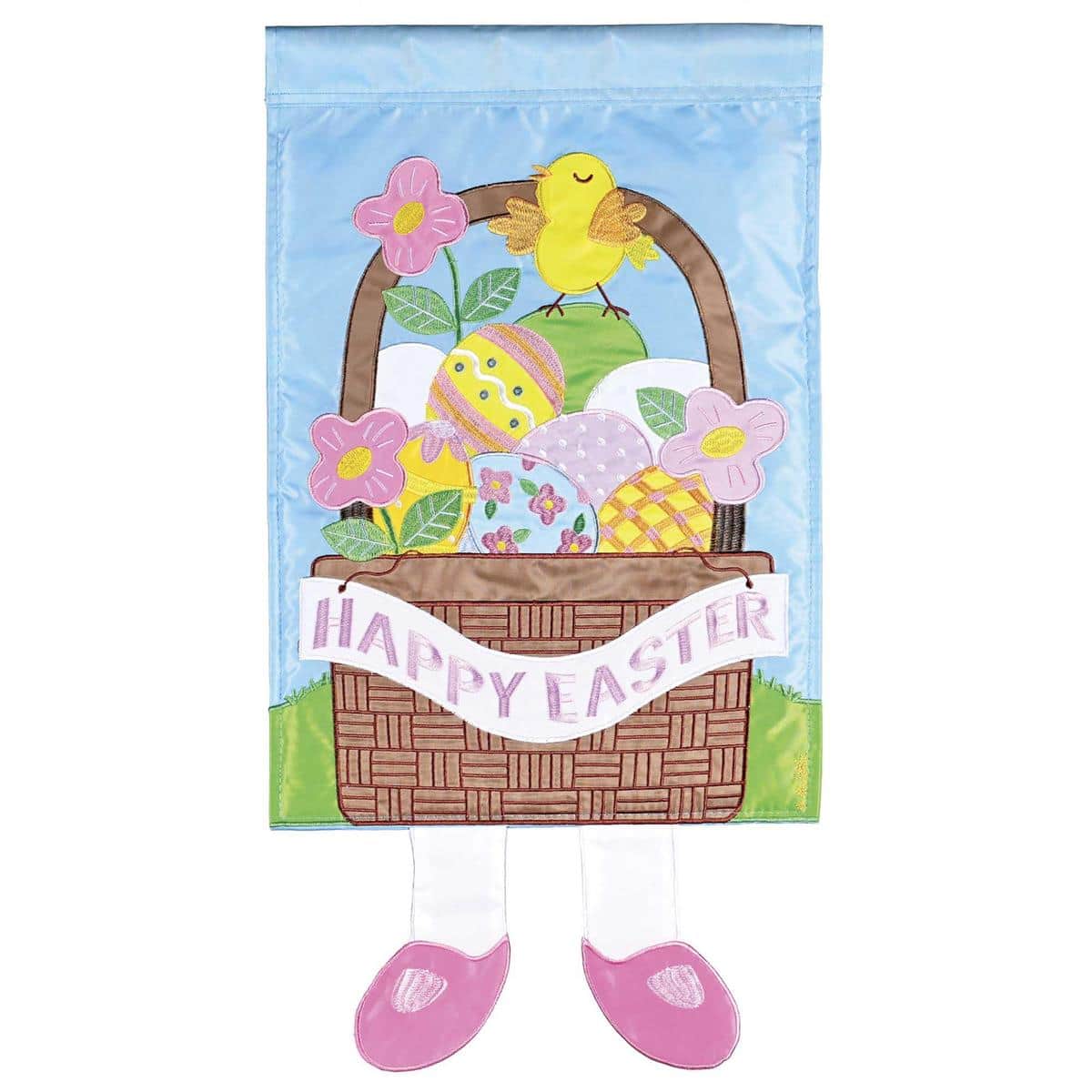 Crazy Leg Happy Easter Basket garden flag, 13x18, pastel bunny and basket with 3D dangling legs, layered applique, double-sided design, sleeve fits standard garden stand.