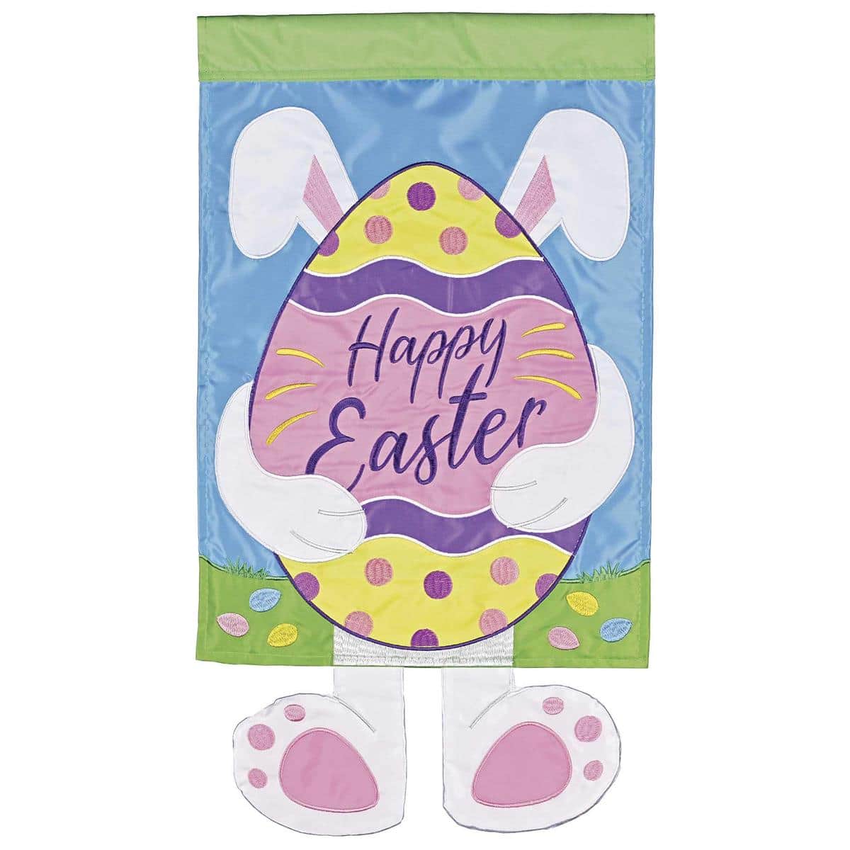 Crazy Leg Happy Easter garden flag 13x18 with a hopping bunny and decorated eggs on a spring green background, shown on a small yard stand.